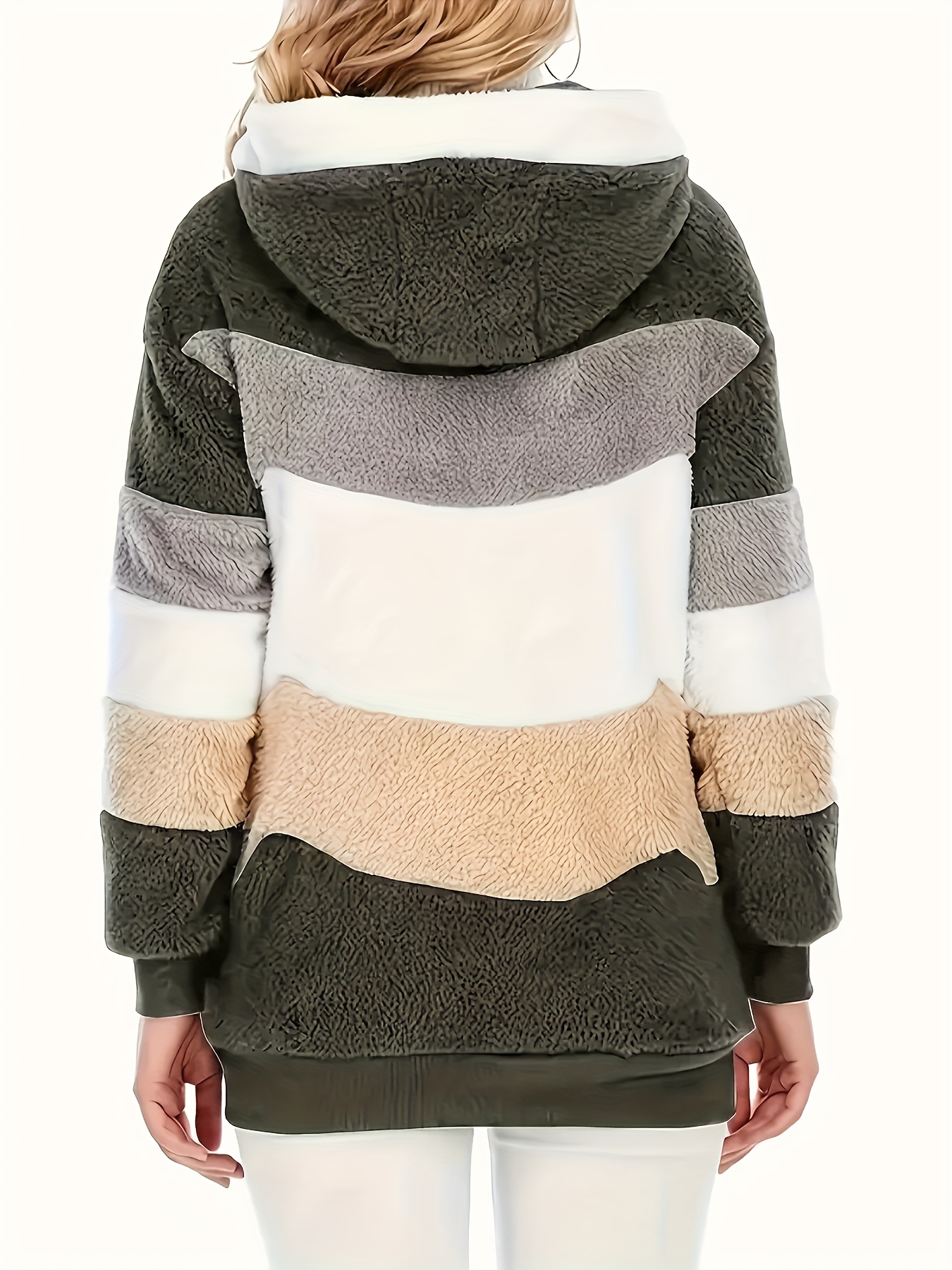 color block fuzzy hooded coat casual long sleeve winter warm outerwear womens clothing details 31