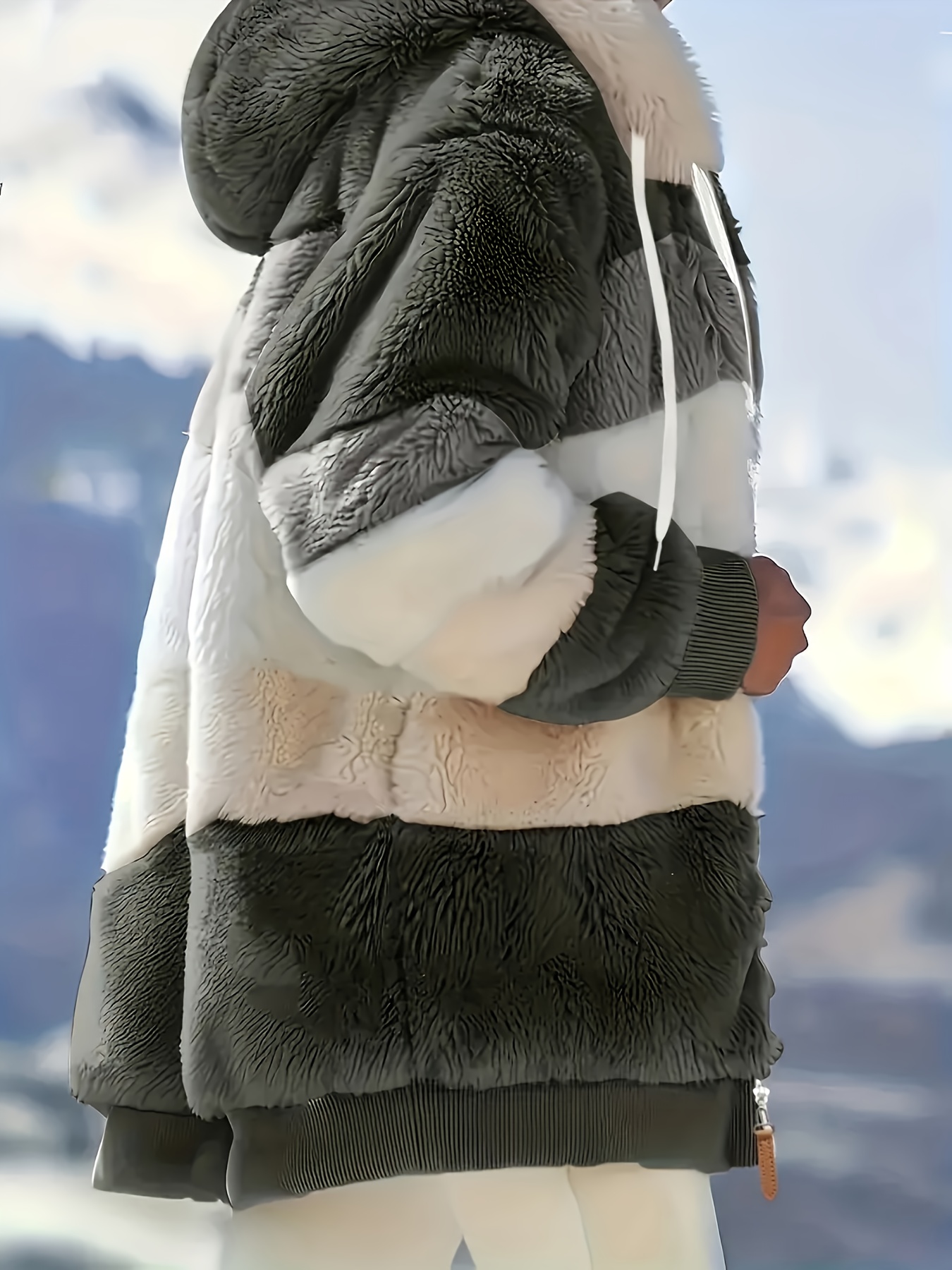 color block fuzzy hooded coat casual long sleeve winter warm outerwear womens clothing details 32