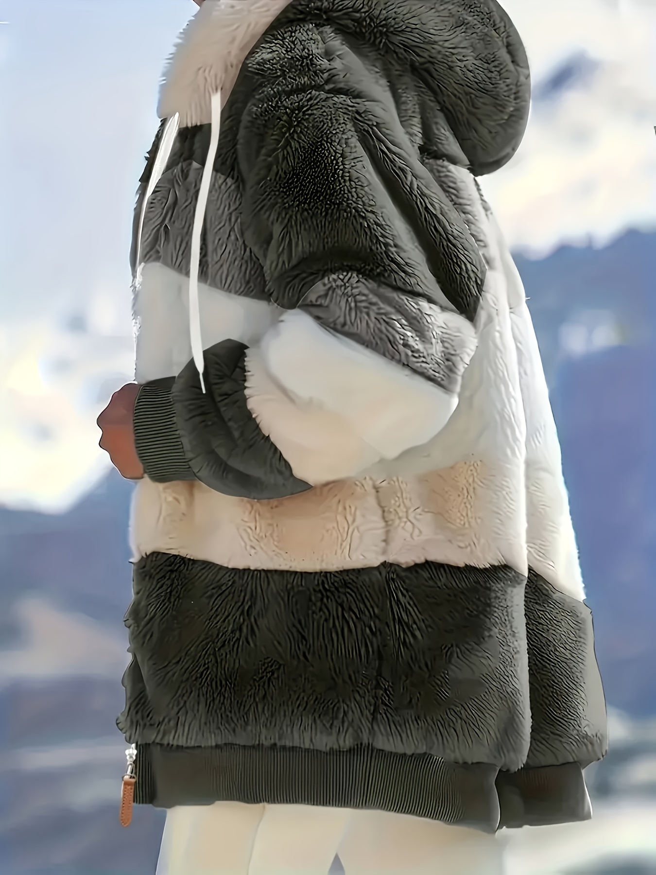color block fuzzy hooded coat casual long sleeve winter warm outerwear womens clothing details 33