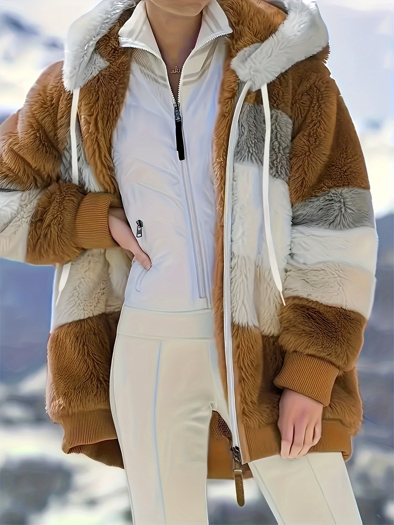 color block fuzzy hooded coat casual long sleeve winter warm outerwear womens clothing details 34