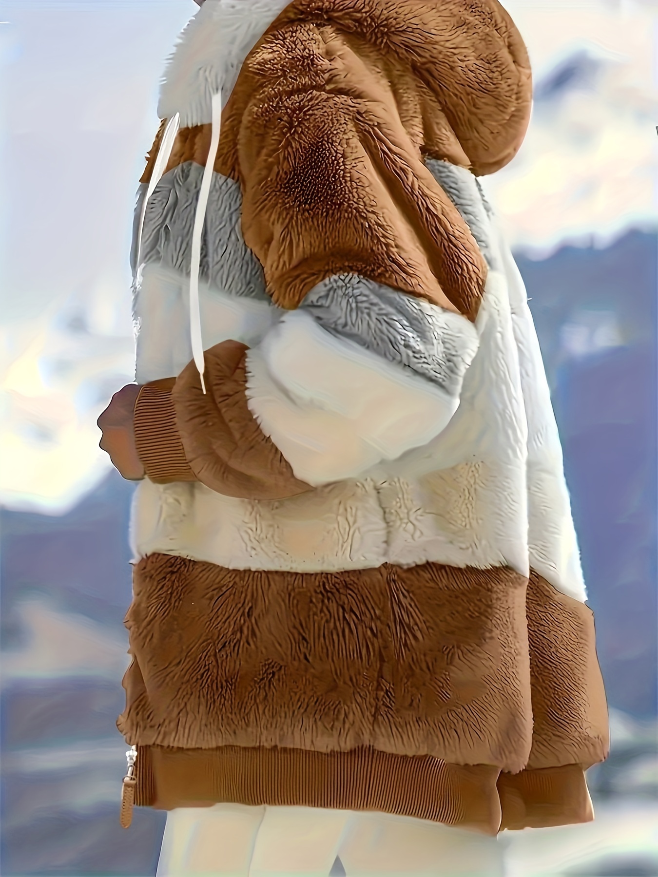 color block fuzzy hooded coat casual long sleeve winter warm outerwear womens clothing details 35