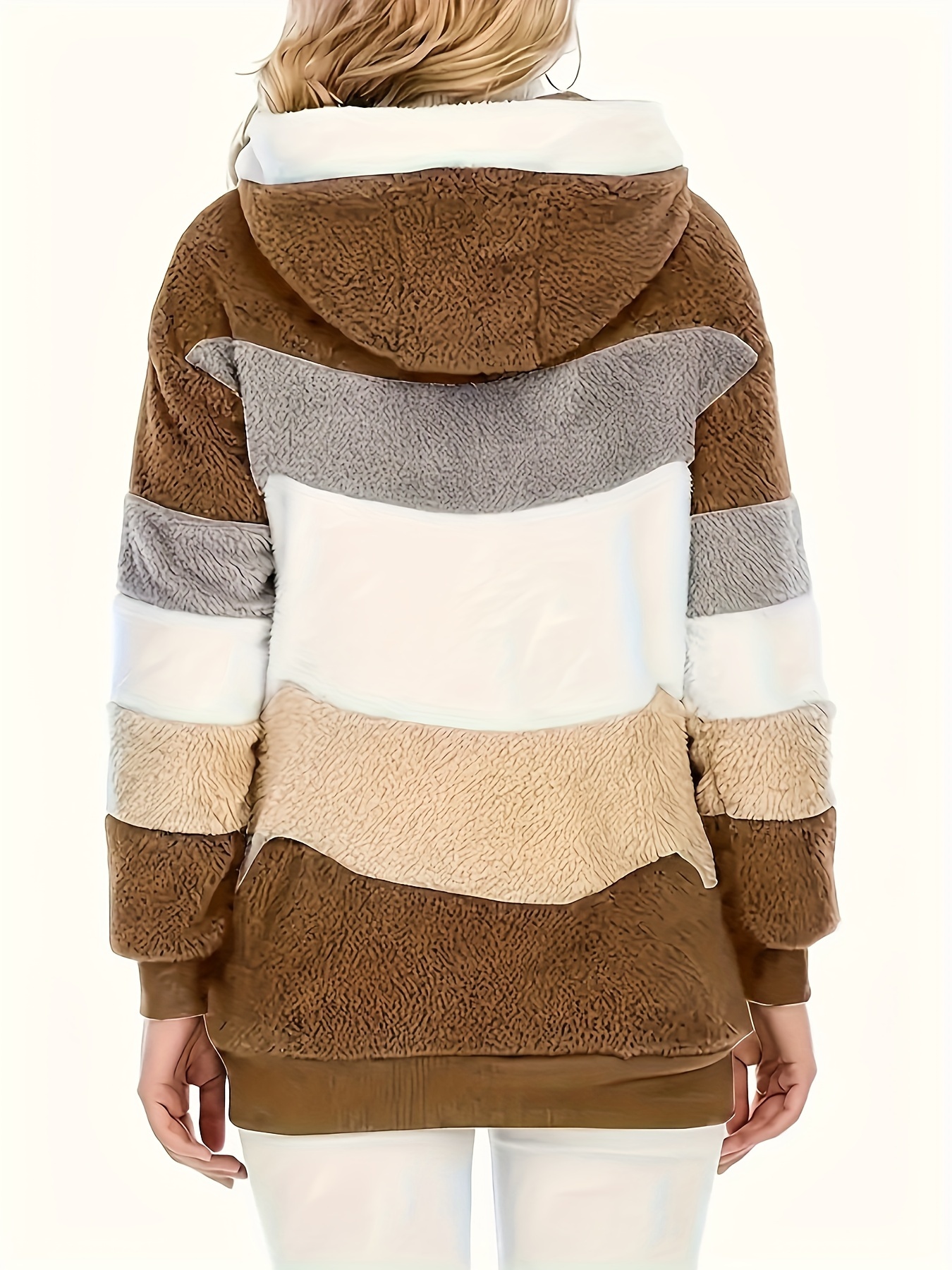 color block fuzzy hooded coat casual long sleeve winter warm outerwear womens clothing details 37