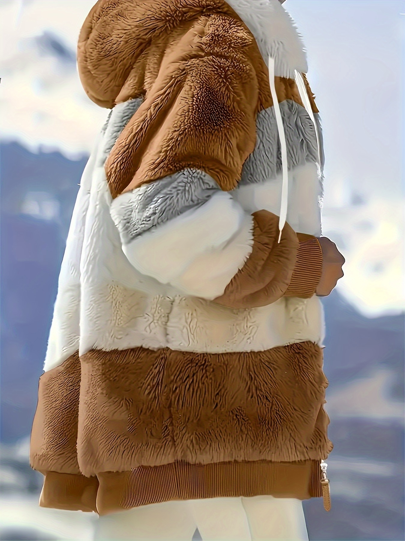 color block fuzzy hooded coat casual long sleeve winter warm outerwear womens clothing details 38