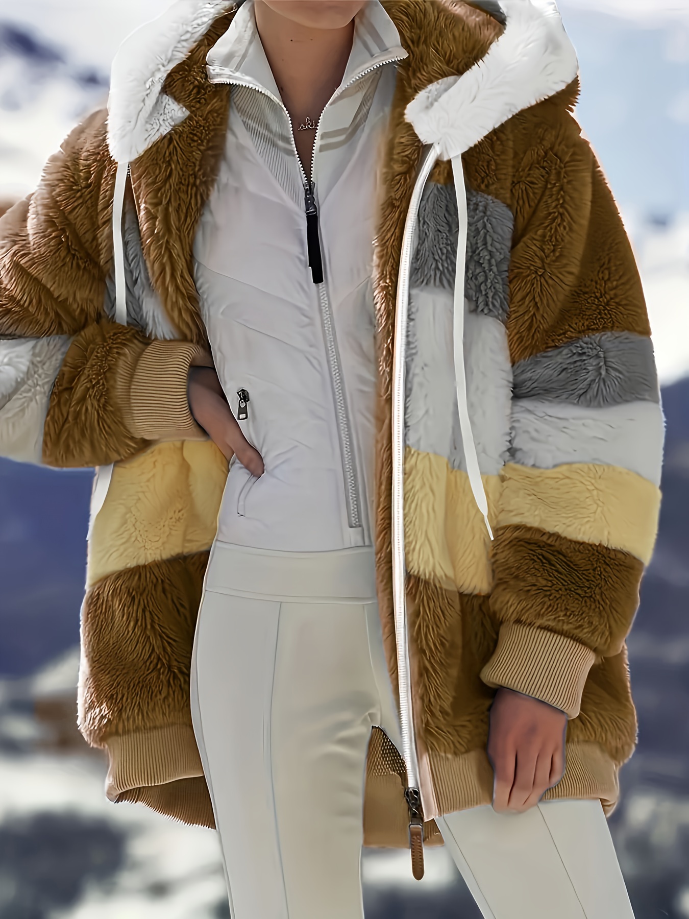 color block fuzzy hooded coat casual long sleeve winter warm outerwear womens clothing details 40