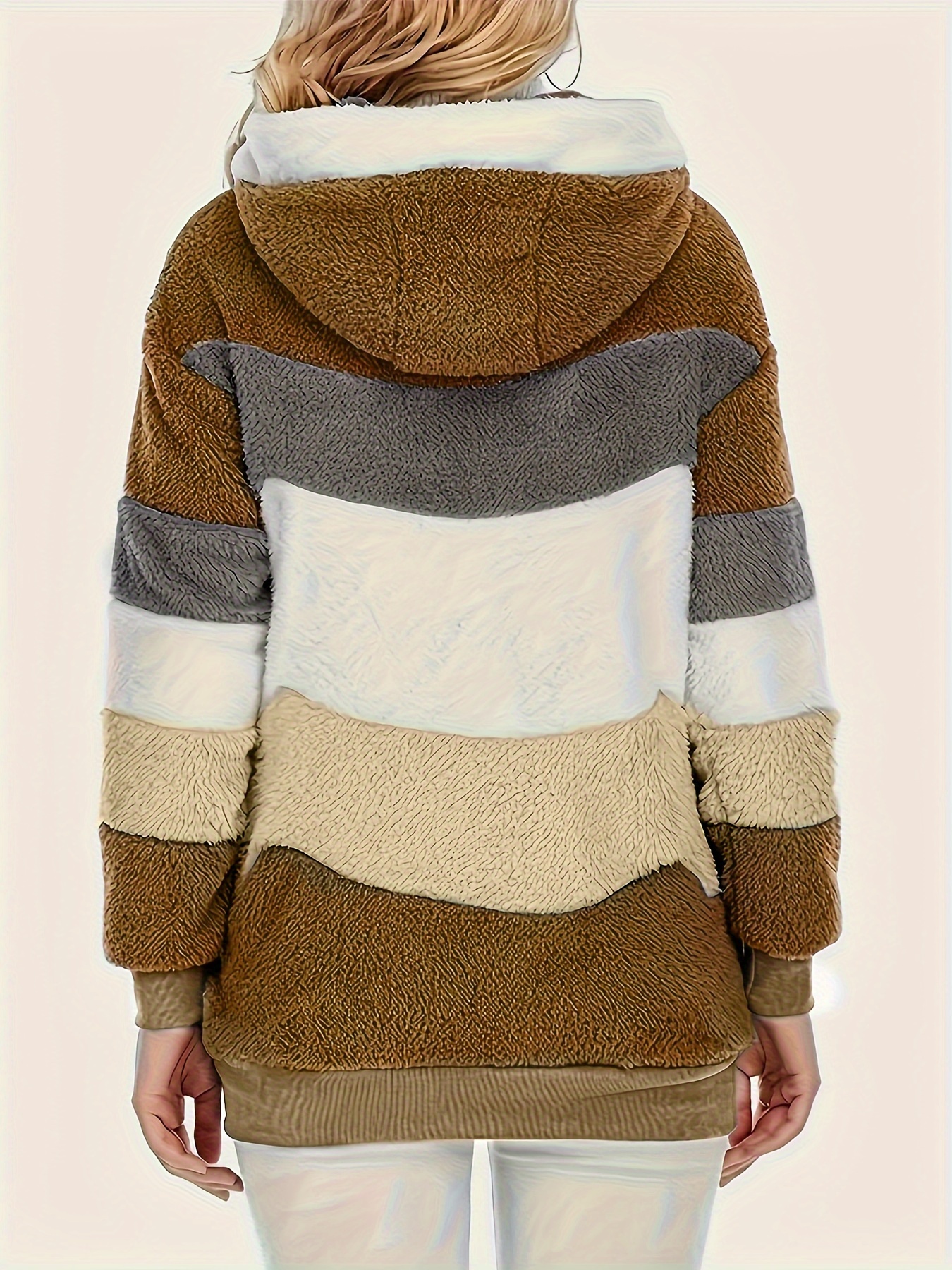 color block fuzzy hooded coat casual long sleeve winter warm outerwear womens clothing details 41