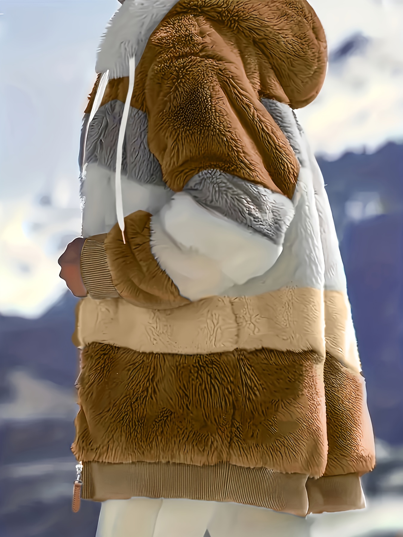 color block fuzzy hooded coat casual long sleeve winter warm outerwear womens clothing details 42