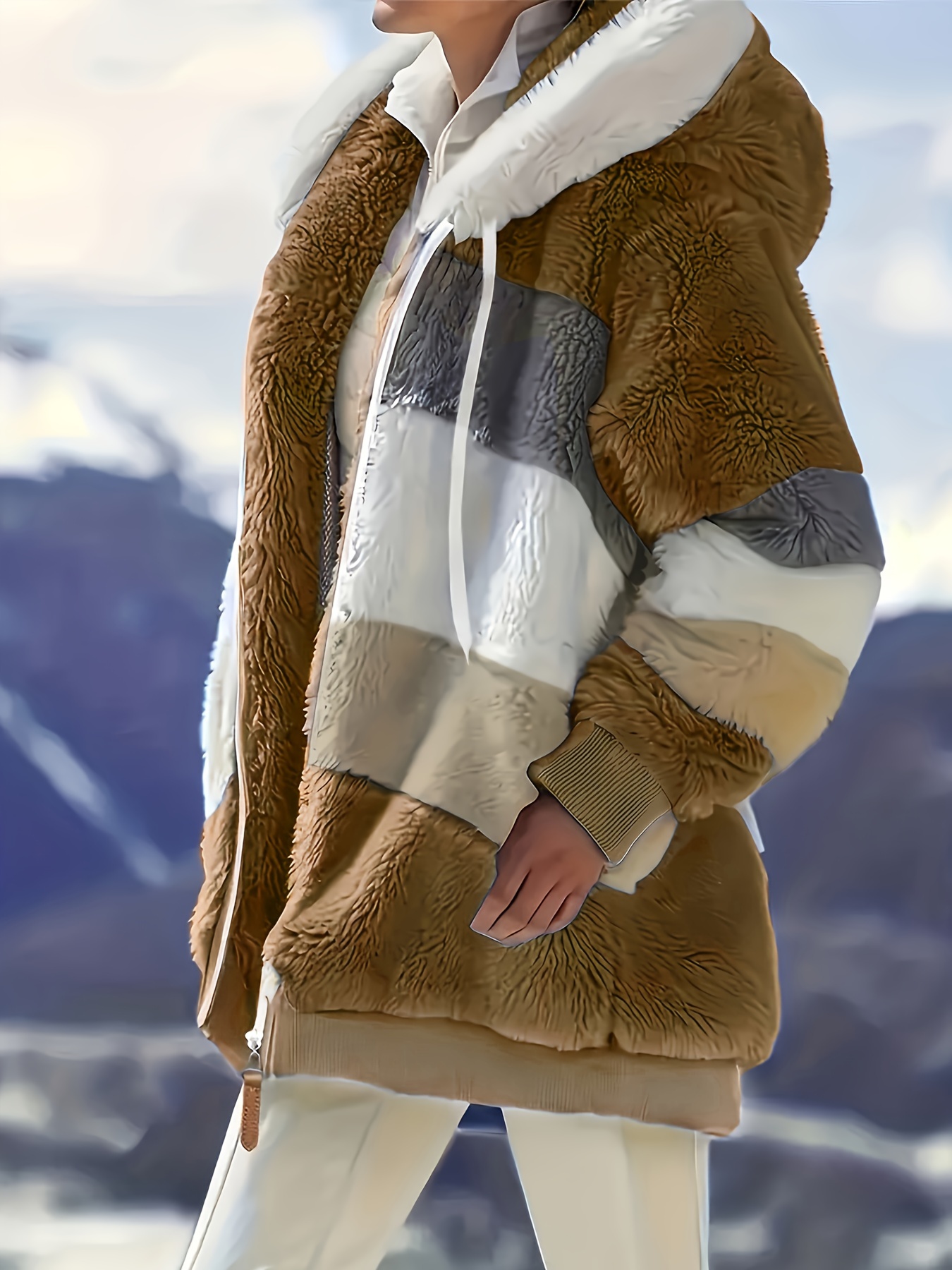 color block fuzzy hooded coat casual long sleeve winter warm outerwear womens clothing details 43