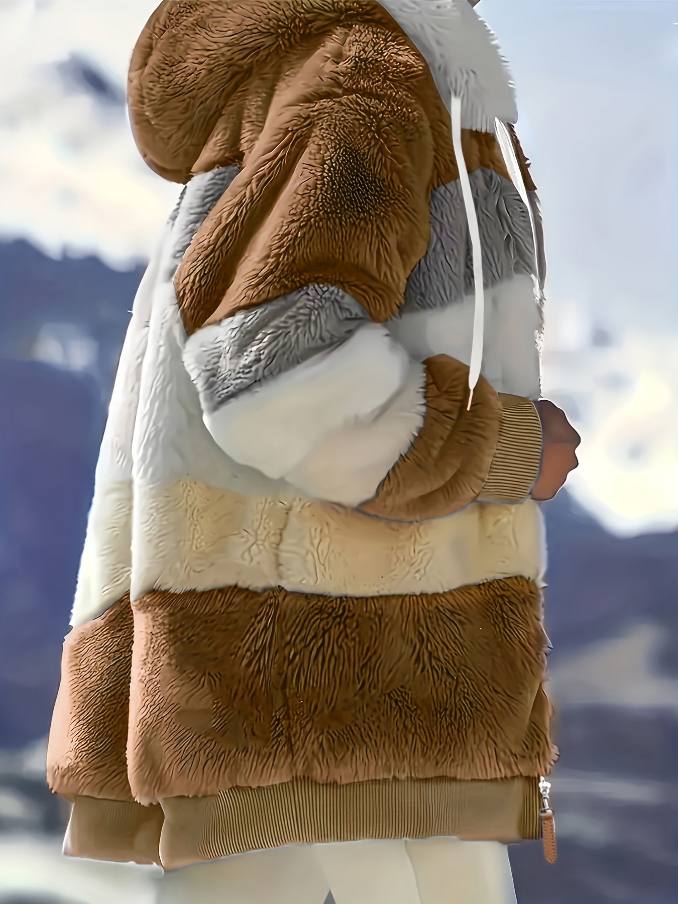color block fuzzy hooded coat casual long sleeve winter warm outerwear womens clothing details 44