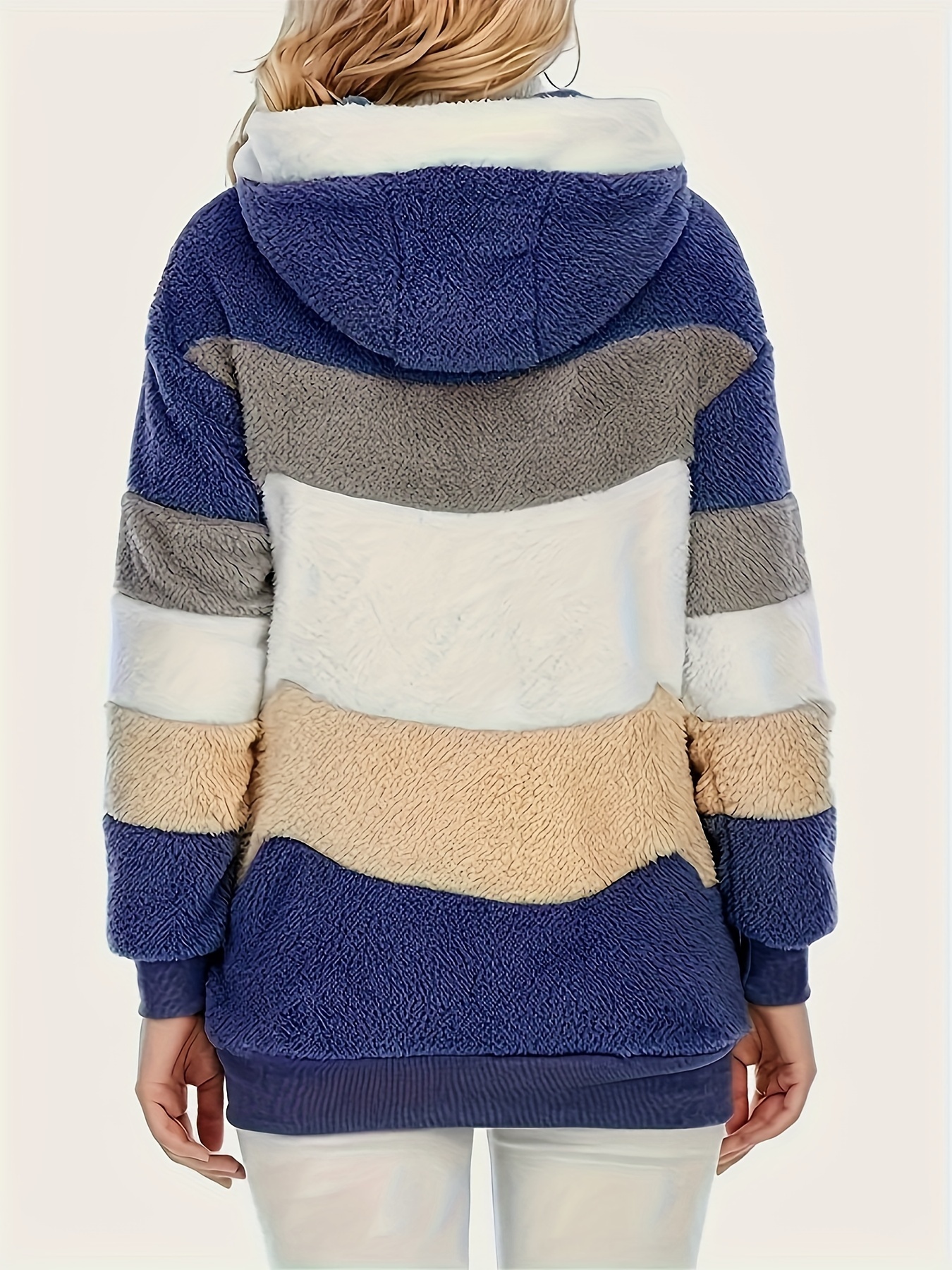 color block fuzzy hooded coat casual long sleeve winter warm outerwear womens clothing details 45