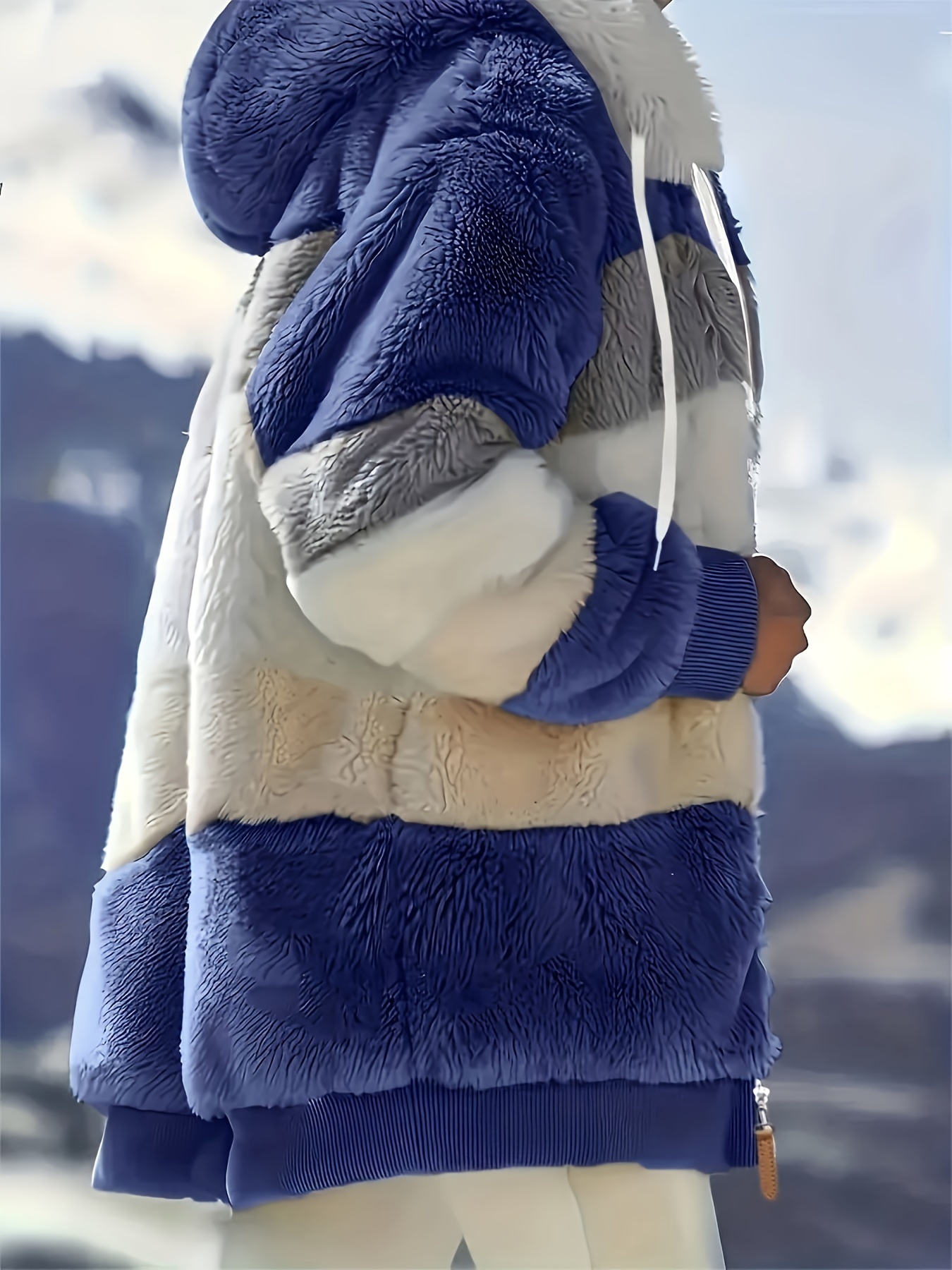 color block fuzzy hooded coat casual long sleeve winter warm outerwear womens clothing details 46