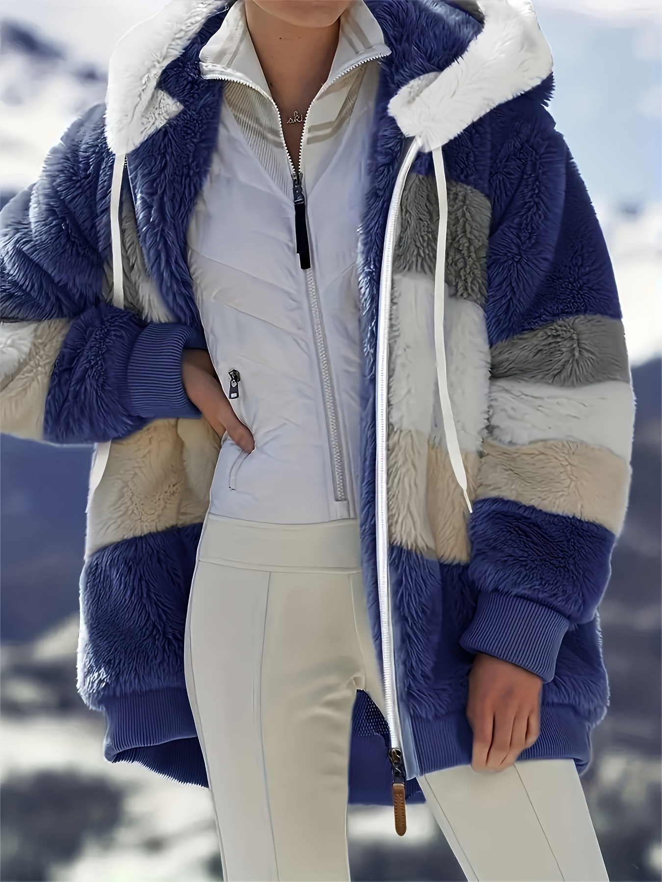 color block fuzzy hooded coat casual long sleeve winter warm outerwear womens clothing details 48