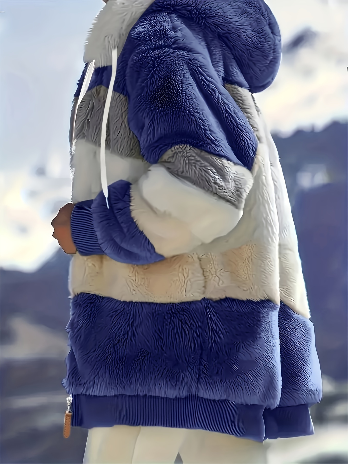 color block fuzzy hooded coat casual long sleeve winter warm outerwear womens clothing details 49