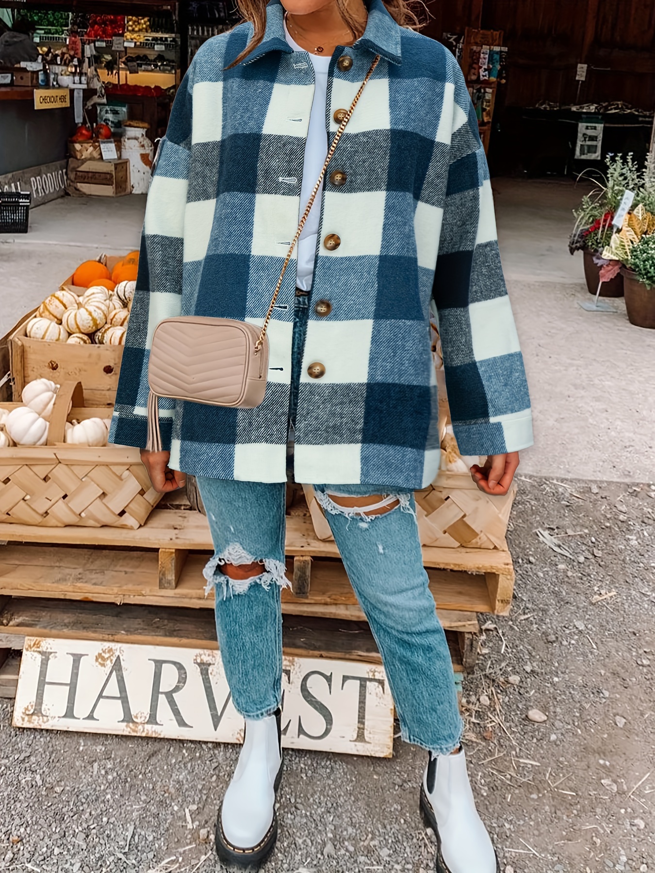 drop shoulder plaid shirt jacket loose long sleeve casual plaid shacket for womens clothing details 0
