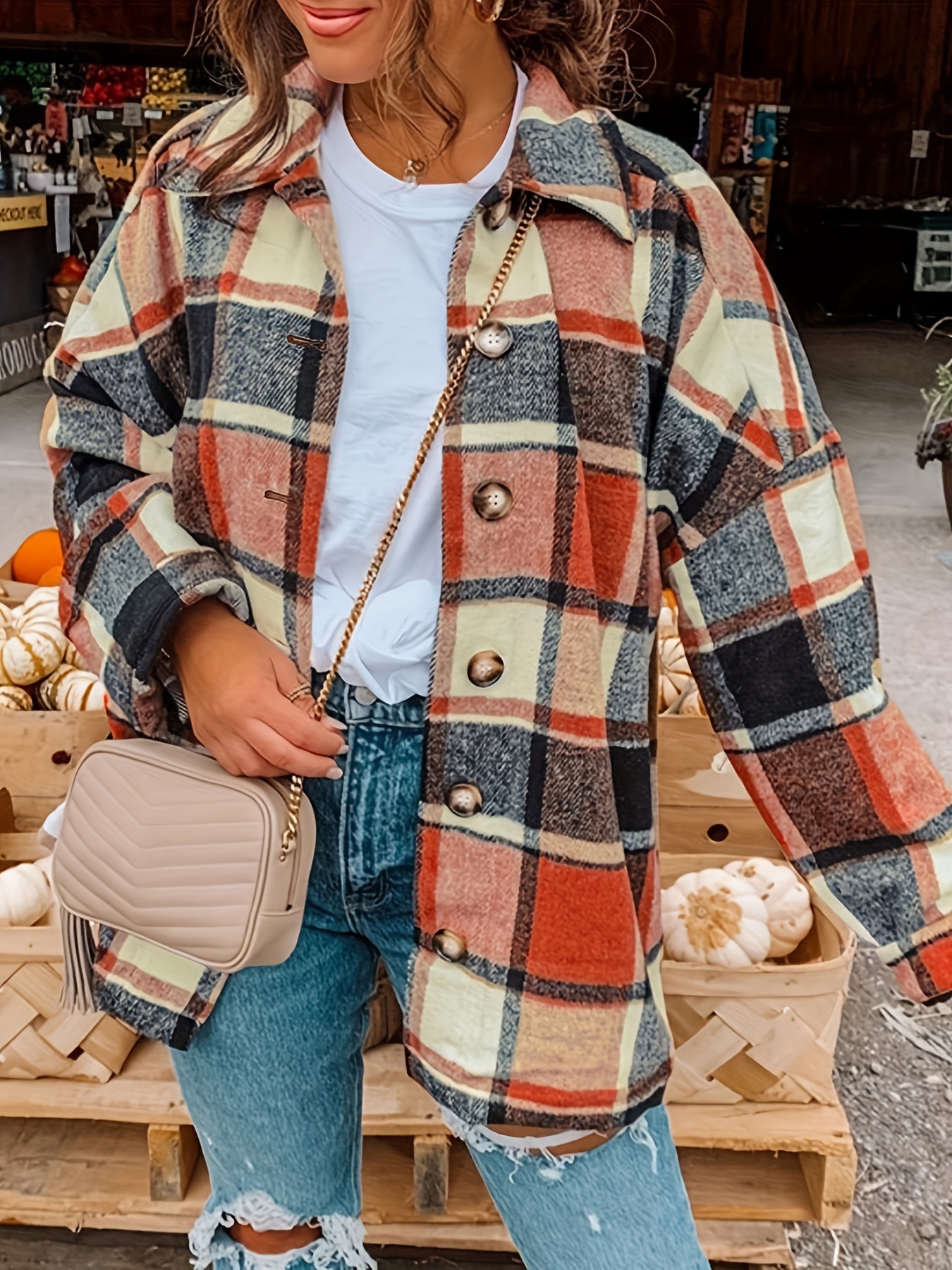 drop shoulder plaid shirt jacket loose long sleeve casual plaid shacket for womens clothing details 3