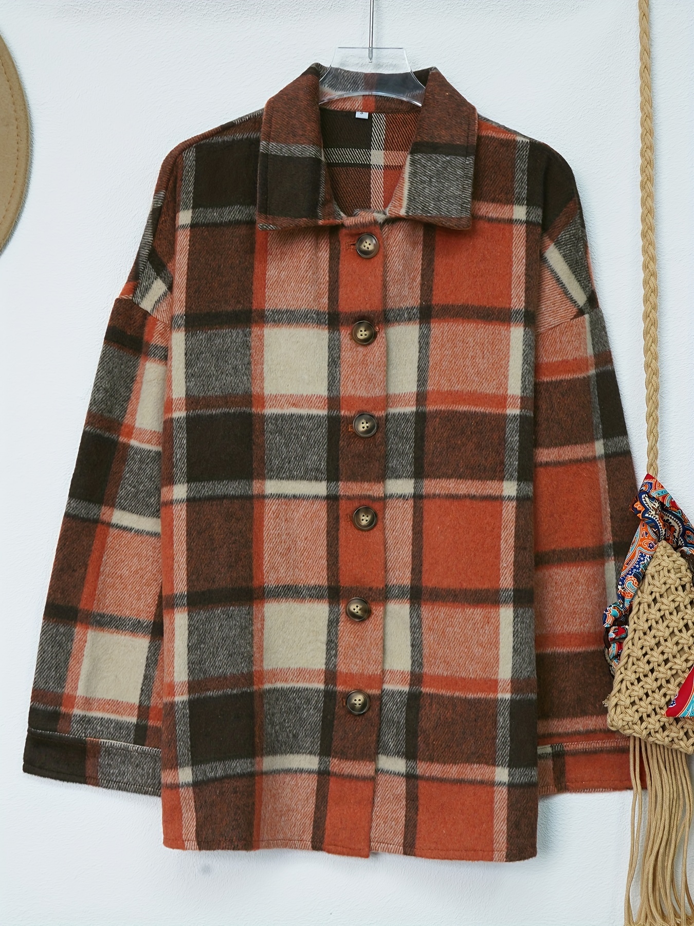 drop shoulder plaid shirt jacket loose long sleeve casual plaid shacket for womens clothing details 4