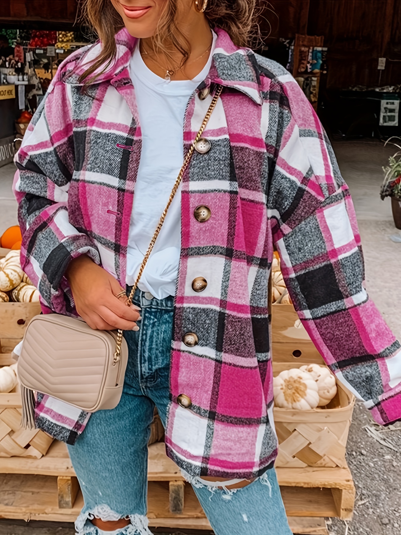 drop shoulder plaid shirt jacket loose long sleeve casual plaid shacket for womens clothing details 6