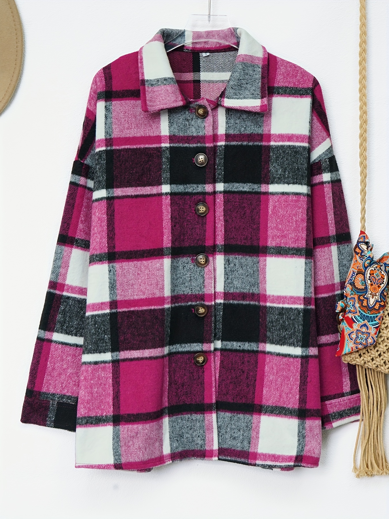 drop shoulder plaid shirt jacket loose long sleeve casual plaid shacket for womens clothing details 7