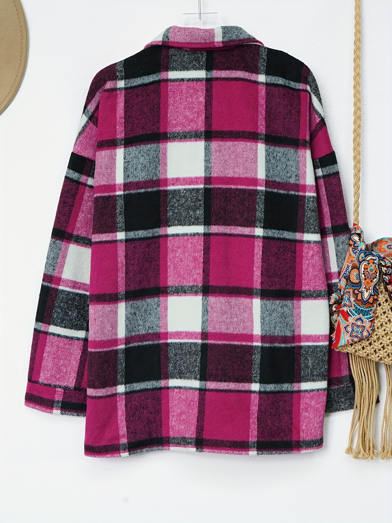 drop shoulder plaid shirt jacket loose long sleeve casual plaid shacket for womens clothing details 8