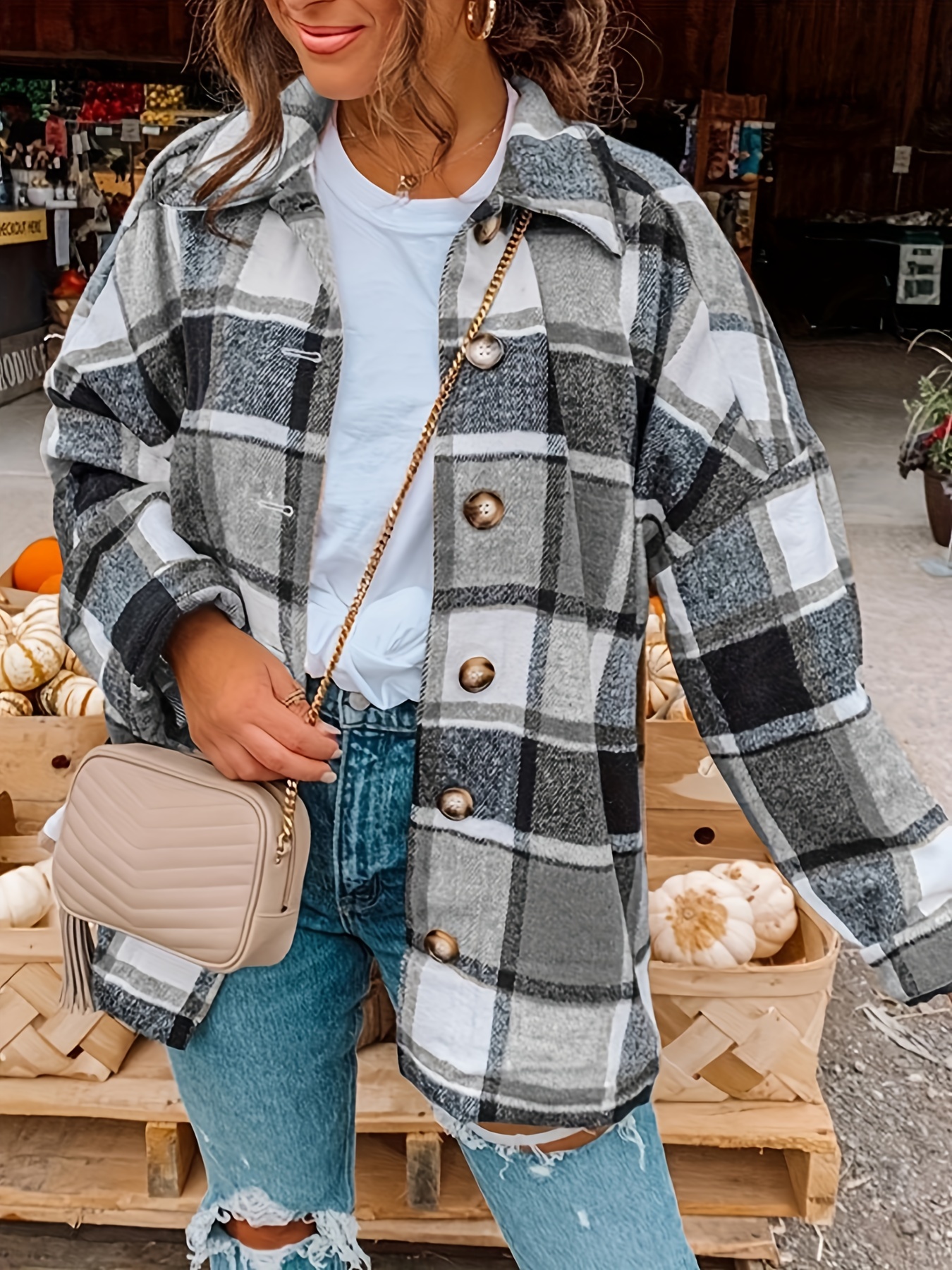 drop shoulder plaid shirt jacket loose long sleeve casual plaid shacket for womens clothing details 9