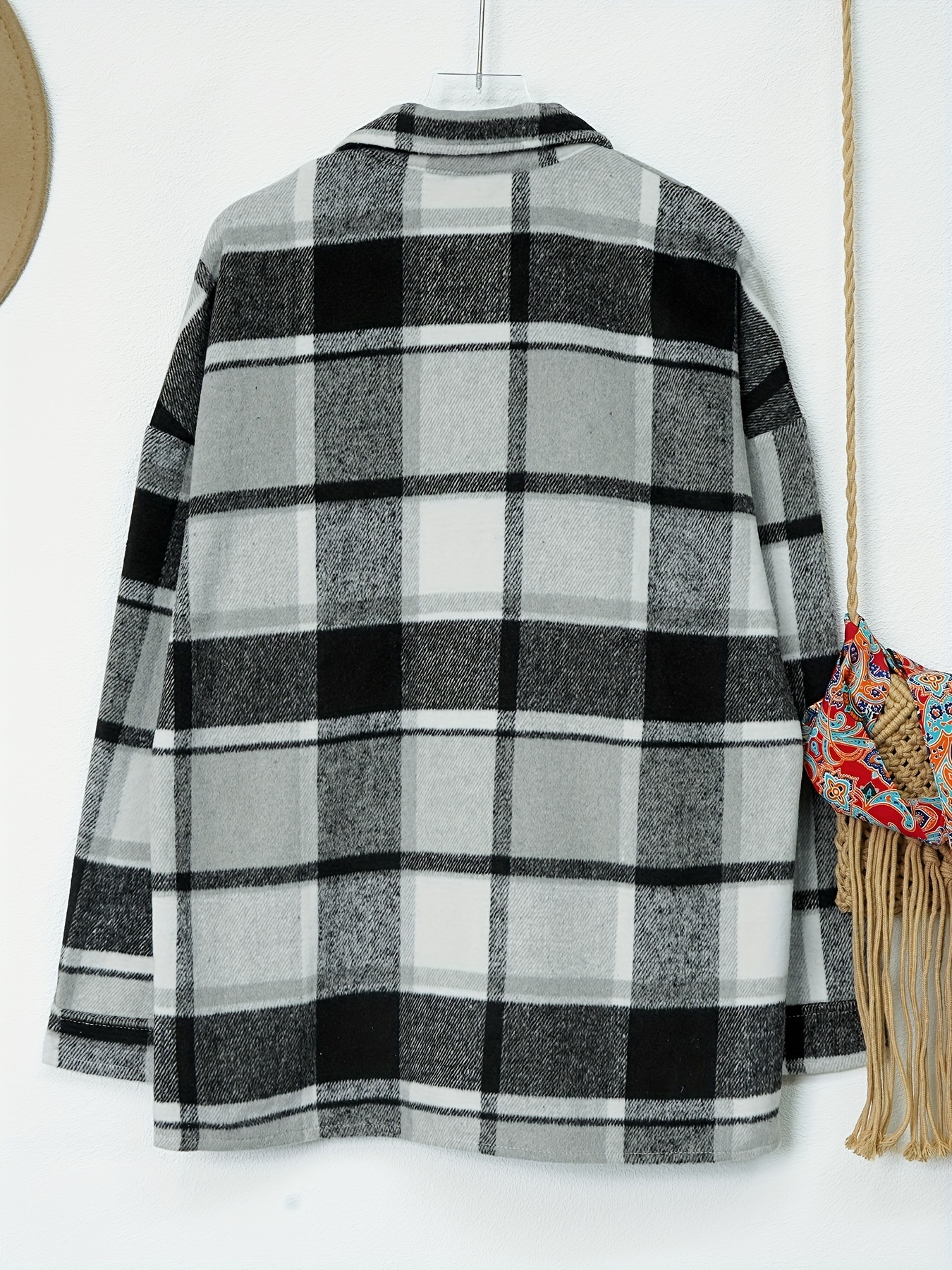 drop shoulder plaid shirt jacket loose long sleeve casual plaid shacket for womens clothing details 11