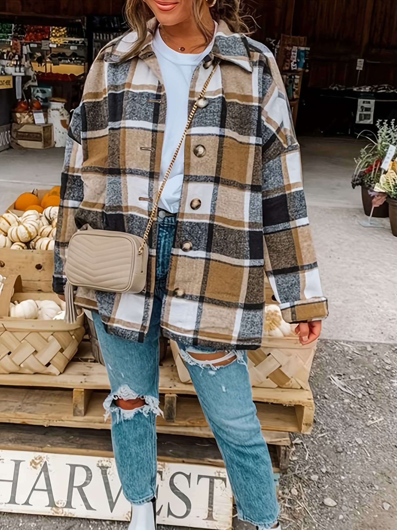 drop shoulder plaid shirt jacket loose long sleeve casual plaid shacket for womens clothing details 13