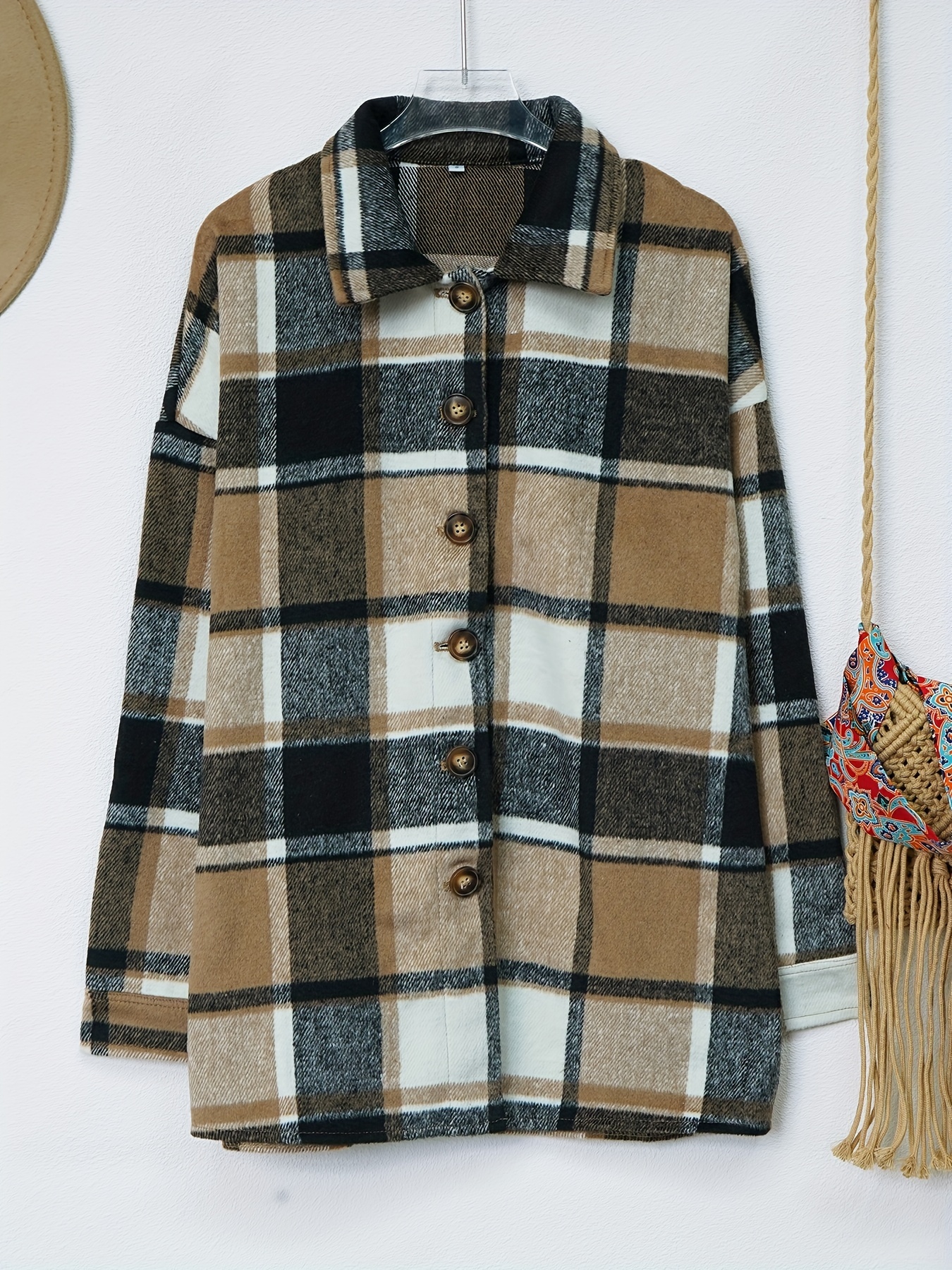 drop shoulder plaid shirt jacket loose long sleeve casual plaid shacket for womens clothing details 14