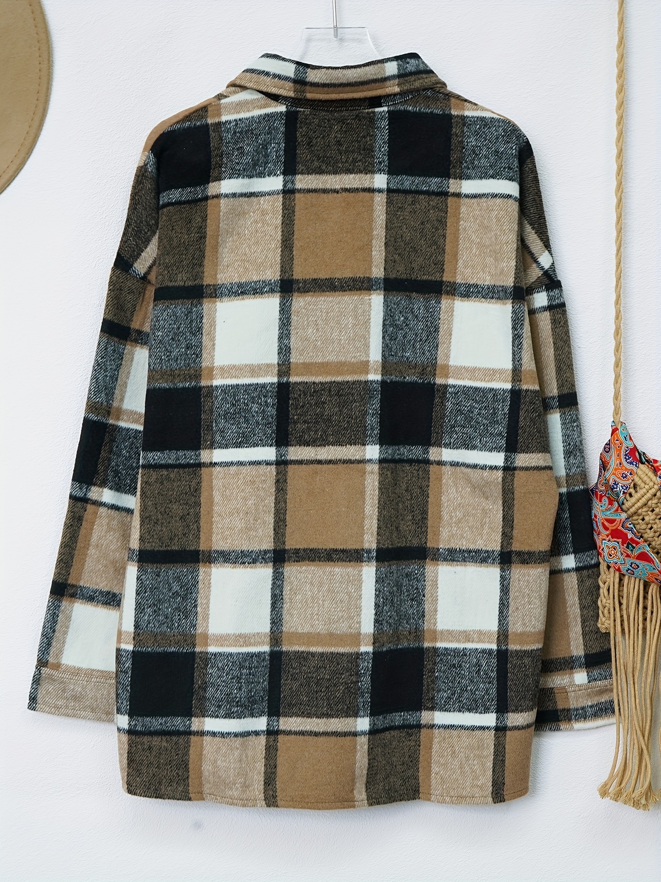 drop shoulder plaid shirt jacket loose long sleeve casual plaid shacket for womens clothing details 15