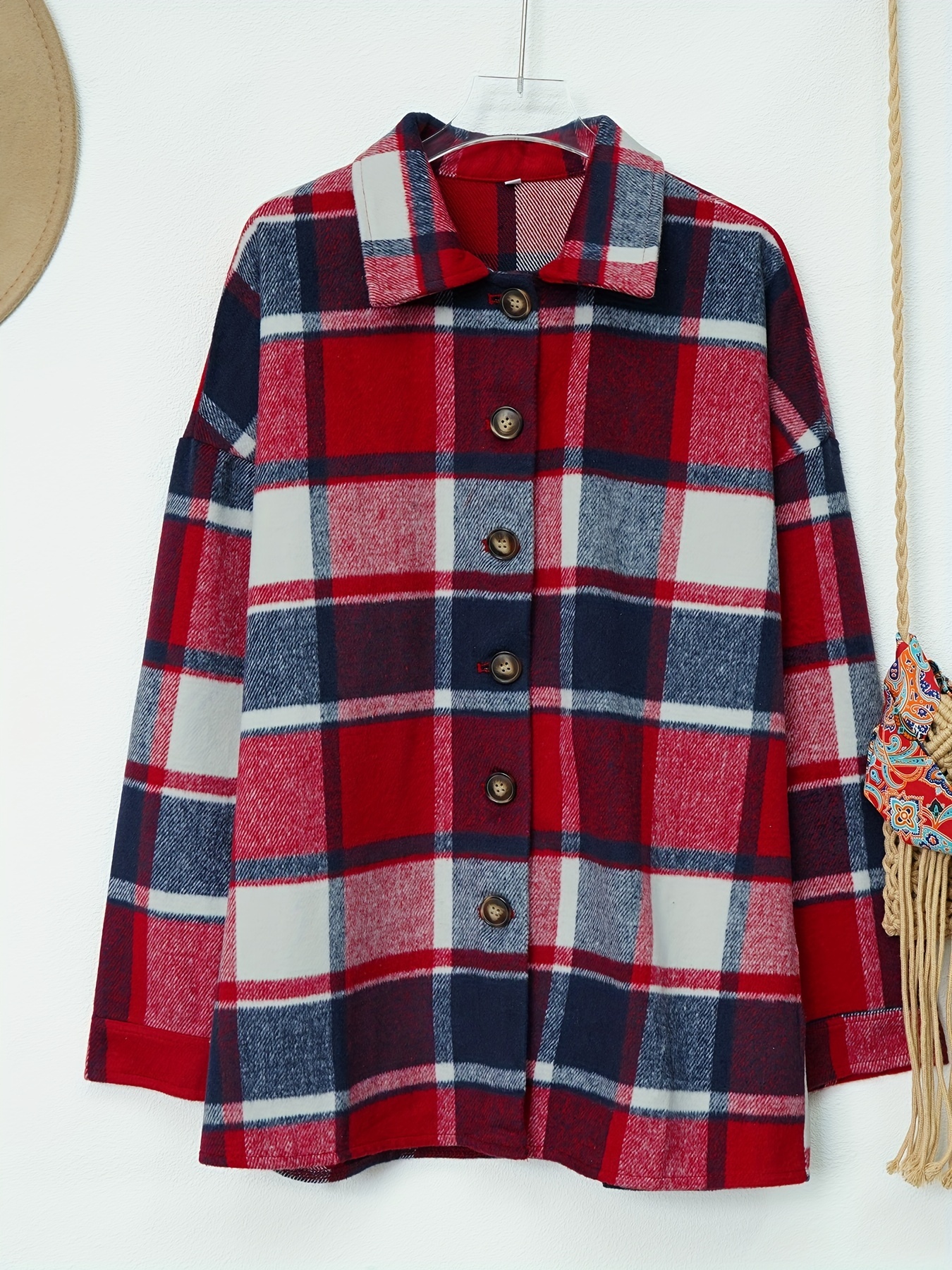 drop shoulder plaid shirt jacket loose long sleeve casual plaid shacket for womens clothing details 16