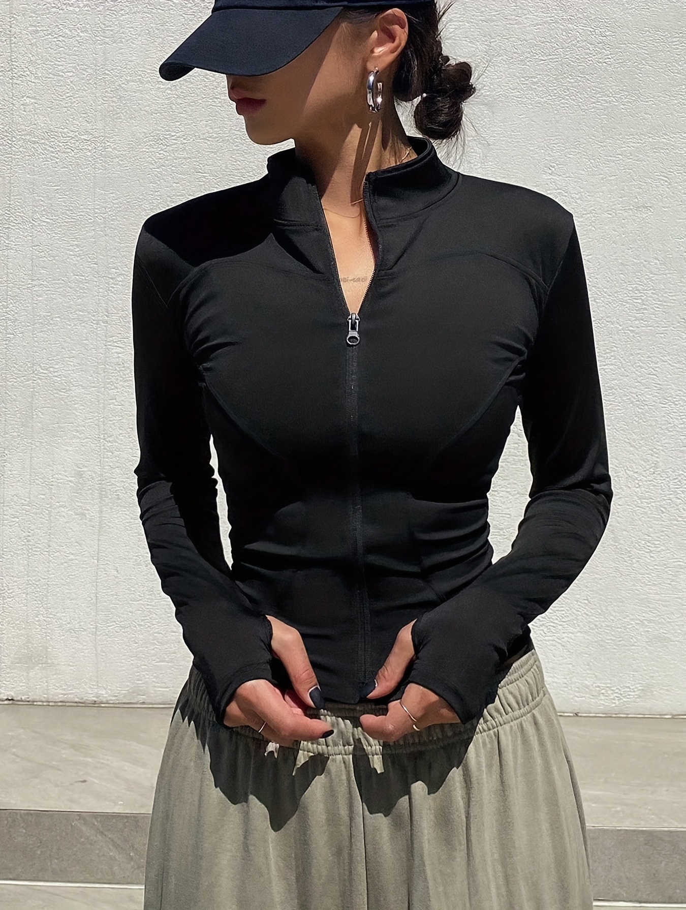 solid zipper front slim top versatile long sleeve mock neck top for womens clothing details 0