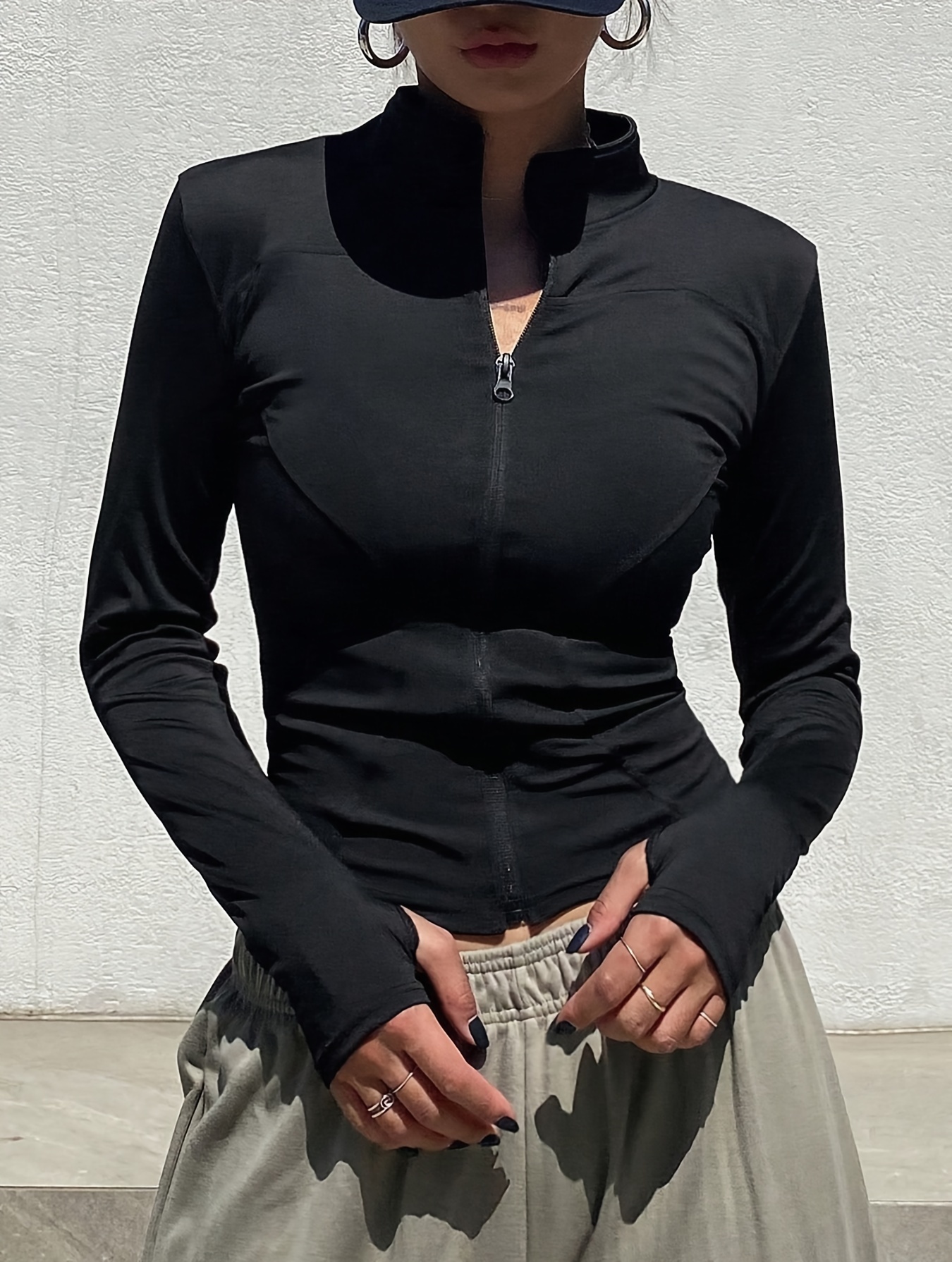 solid zipper front slim top versatile long sleeve mock neck top for womens clothing details 4