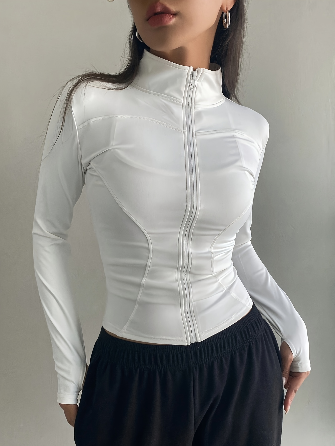 solid zipper front slim top versatile long sleeve mock neck top for womens clothing details 5