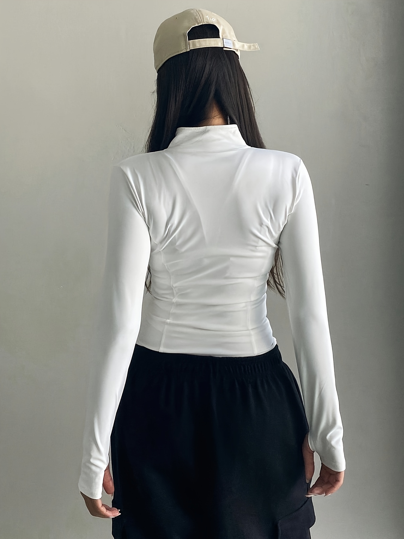 solid zipper front slim top versatile long sleeve mock neck top for womens clothing details 6