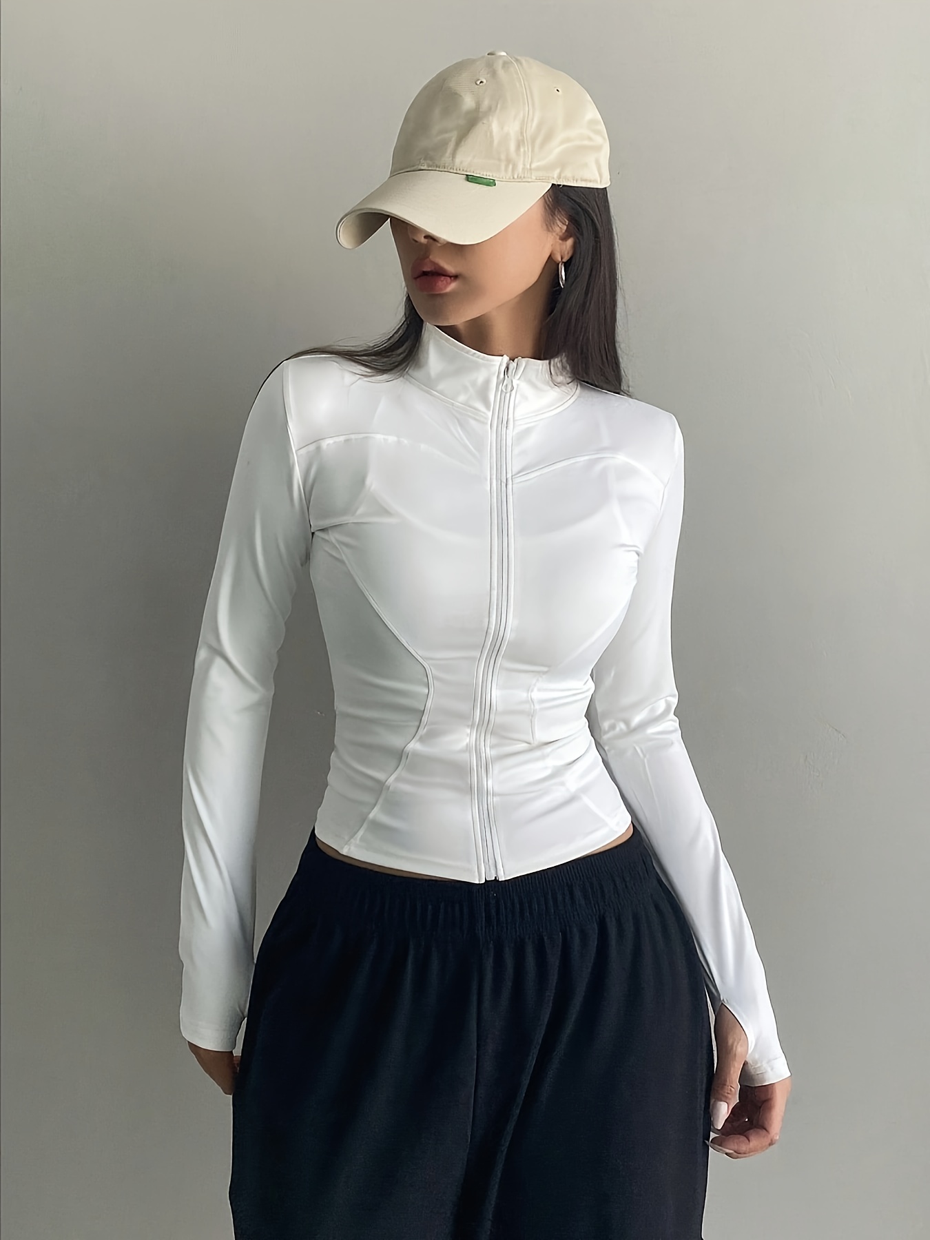 solid zipper front slim top versatile long sleeve mock neck top for womens clothing details 7