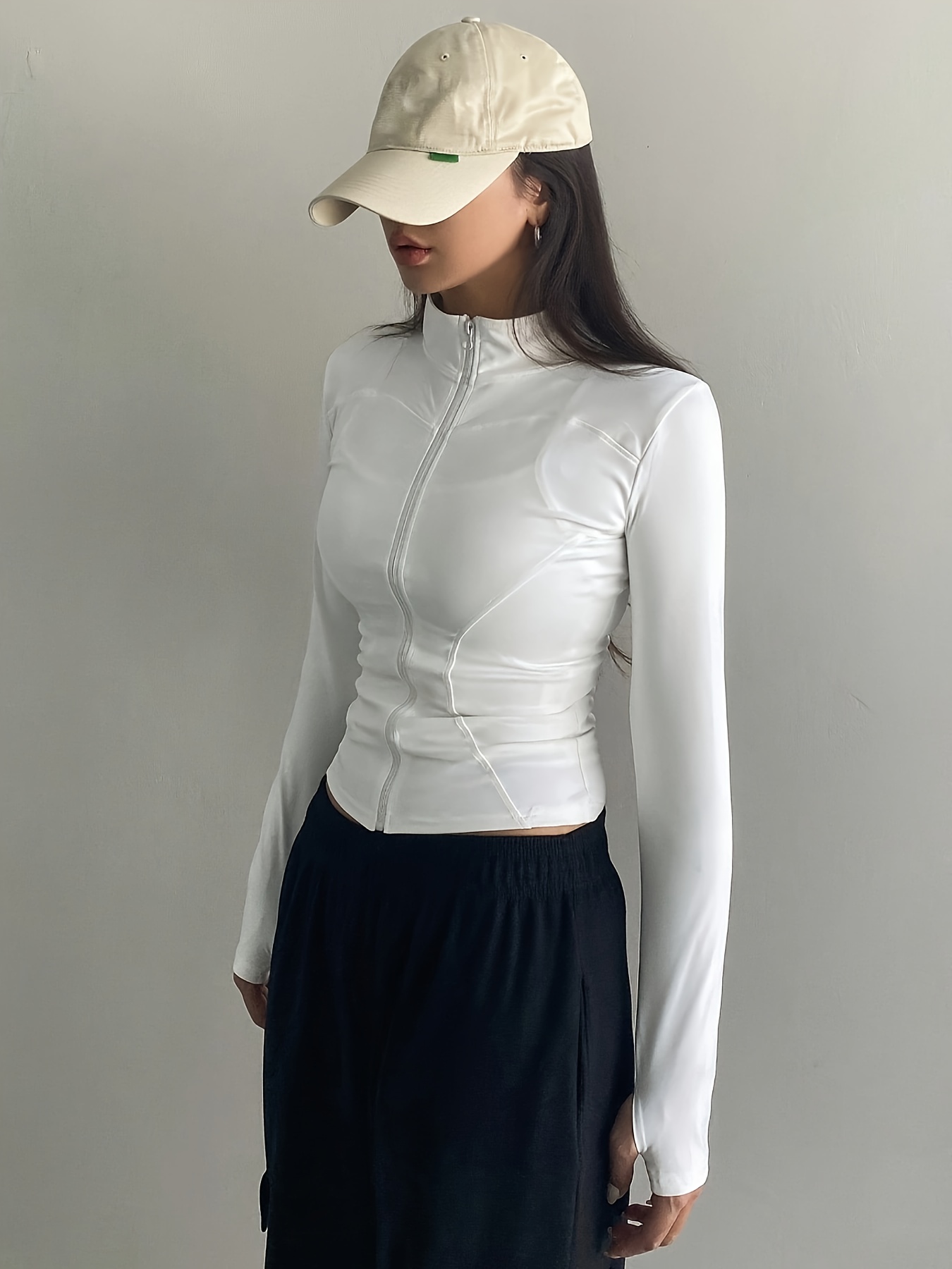 solid zipper front slim top versatile long sleeve mock neck top for womens clothing details 8