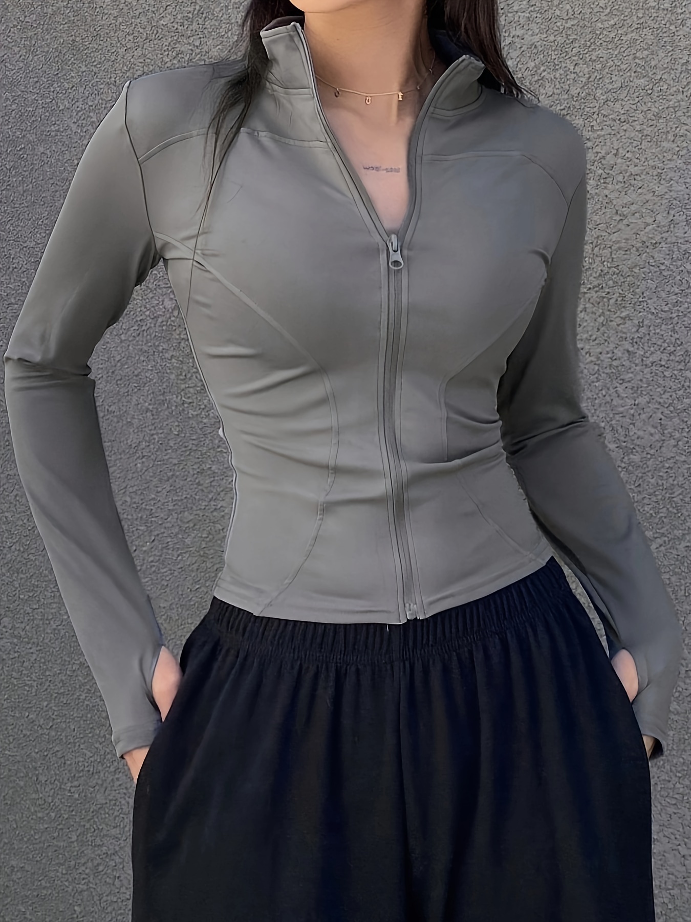solid zipper front slim top versatile long sleeve mock neck top for womens clothing details 9