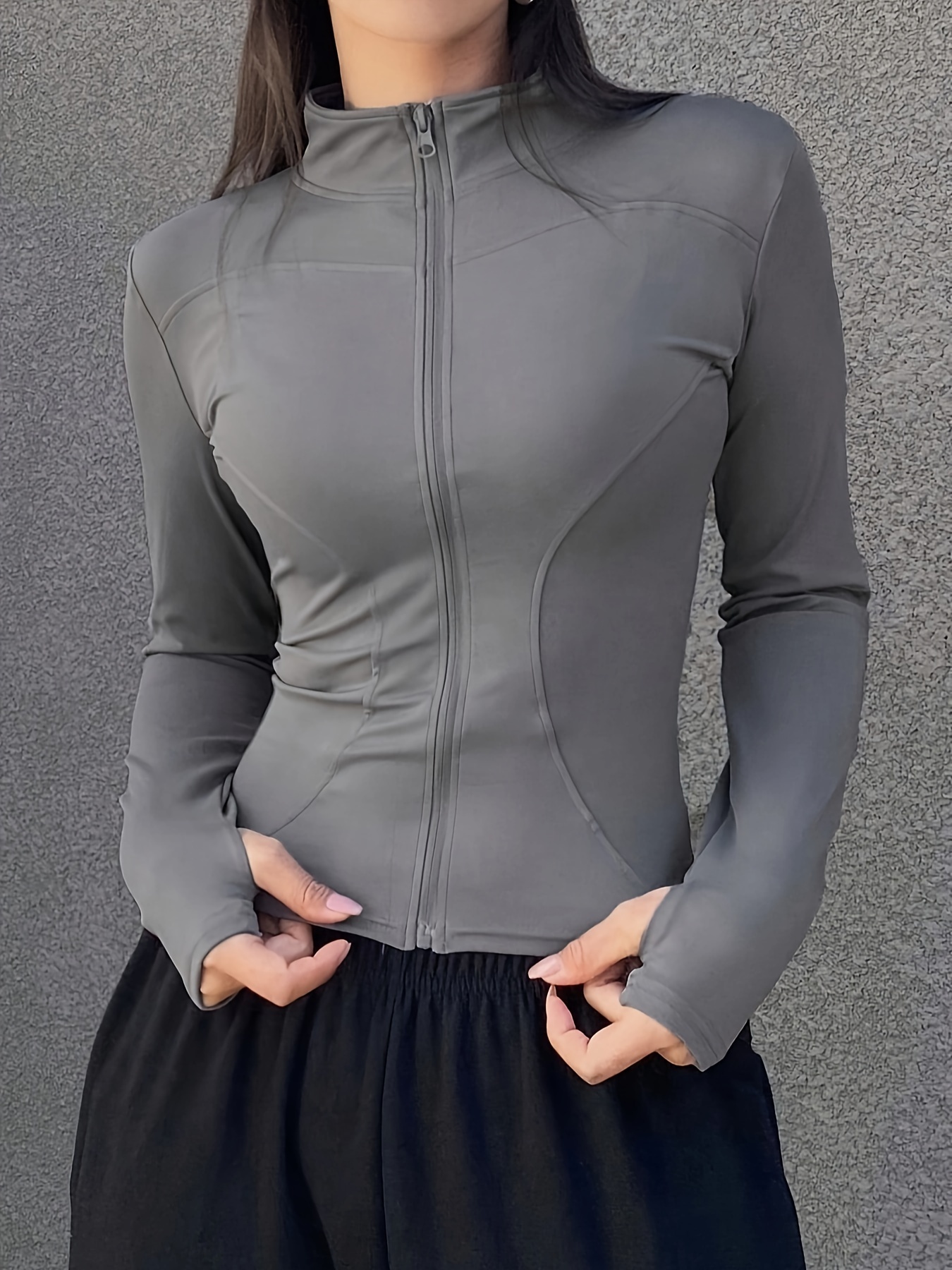 solid zipper front slim top versatile long sleeve mock neck top for womens clothing details 10