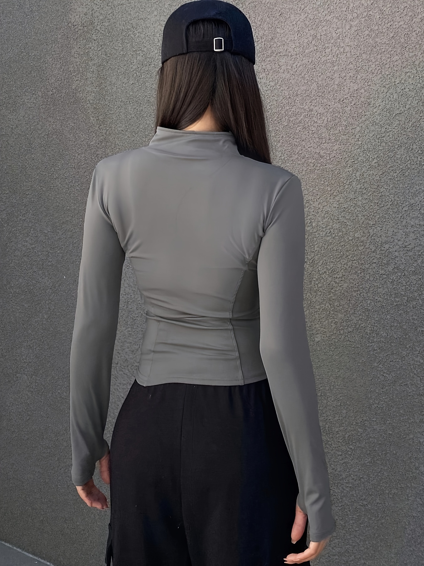 solid zipper front slim top versatile long sleeve mock neck top for womens clothing details 11
