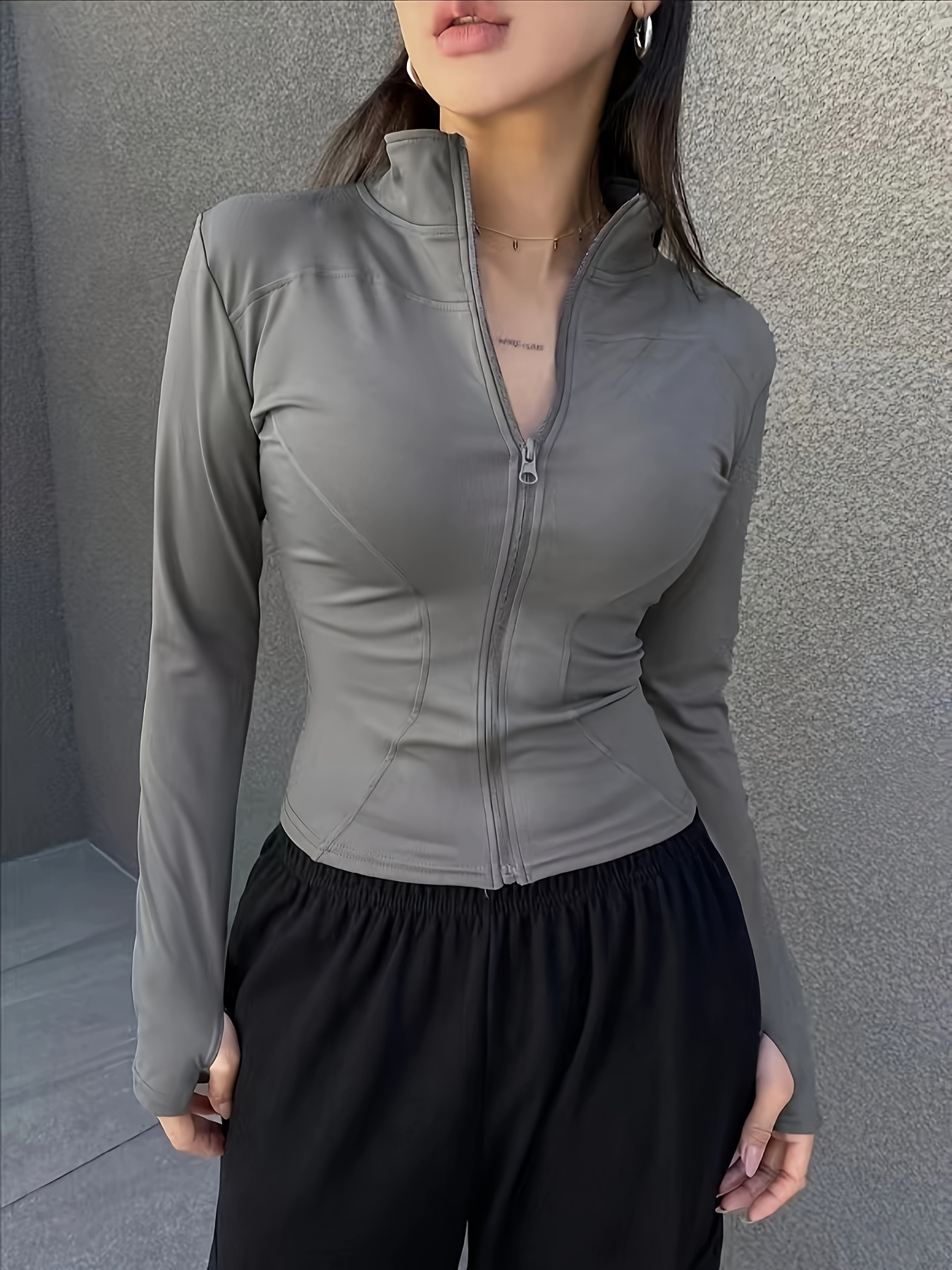 solid zipper front slim top versatile long sleeve mock neck top for womens clothing details 12