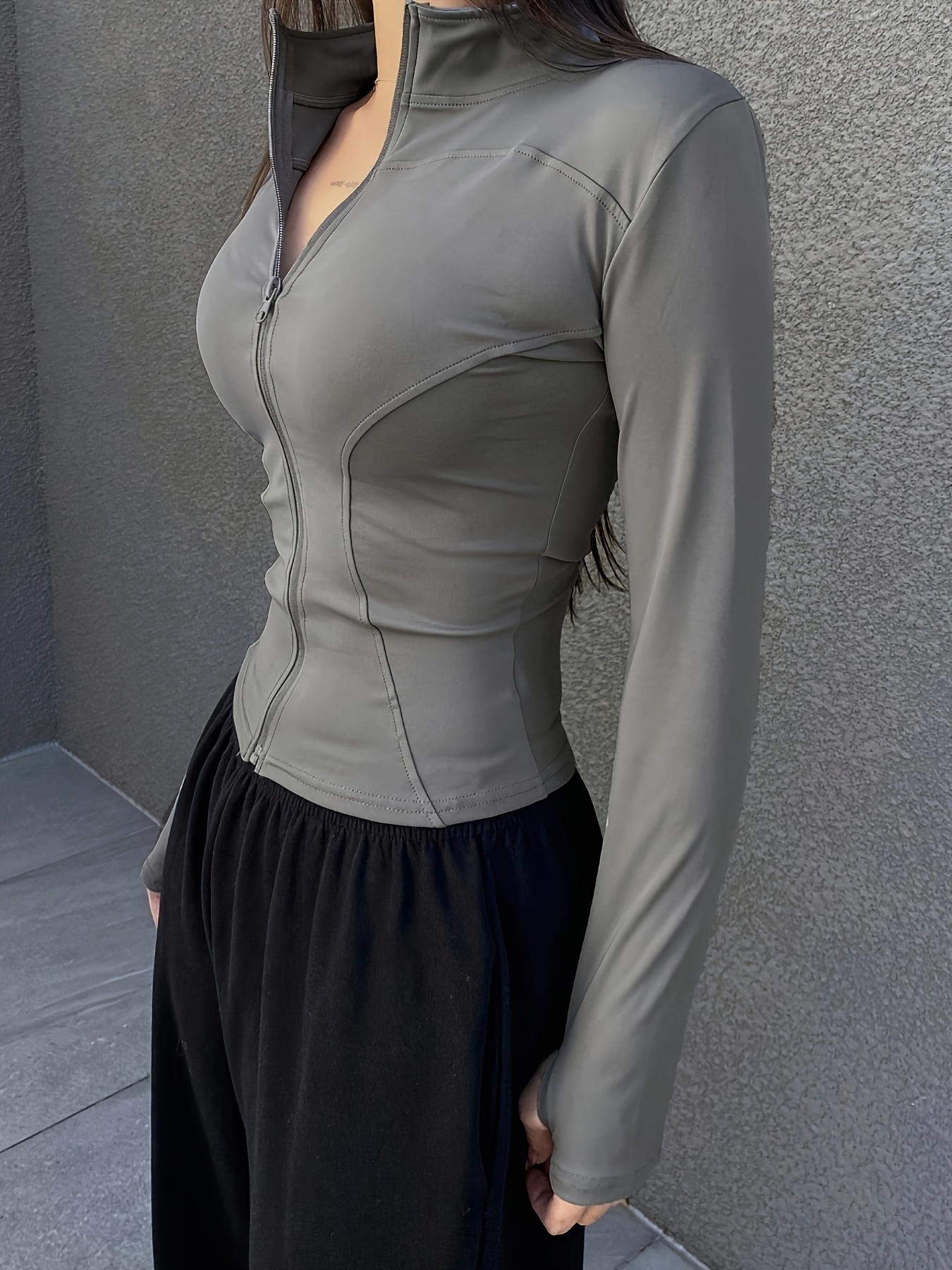 solid zipper front slim top versatile long sleeve mock neck top for womens clothing details 13