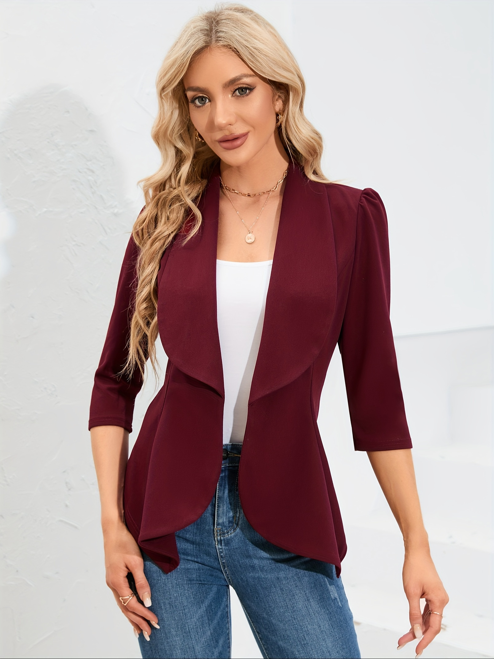 womens casual coat with large collar puffed sleeves and hem details 1
