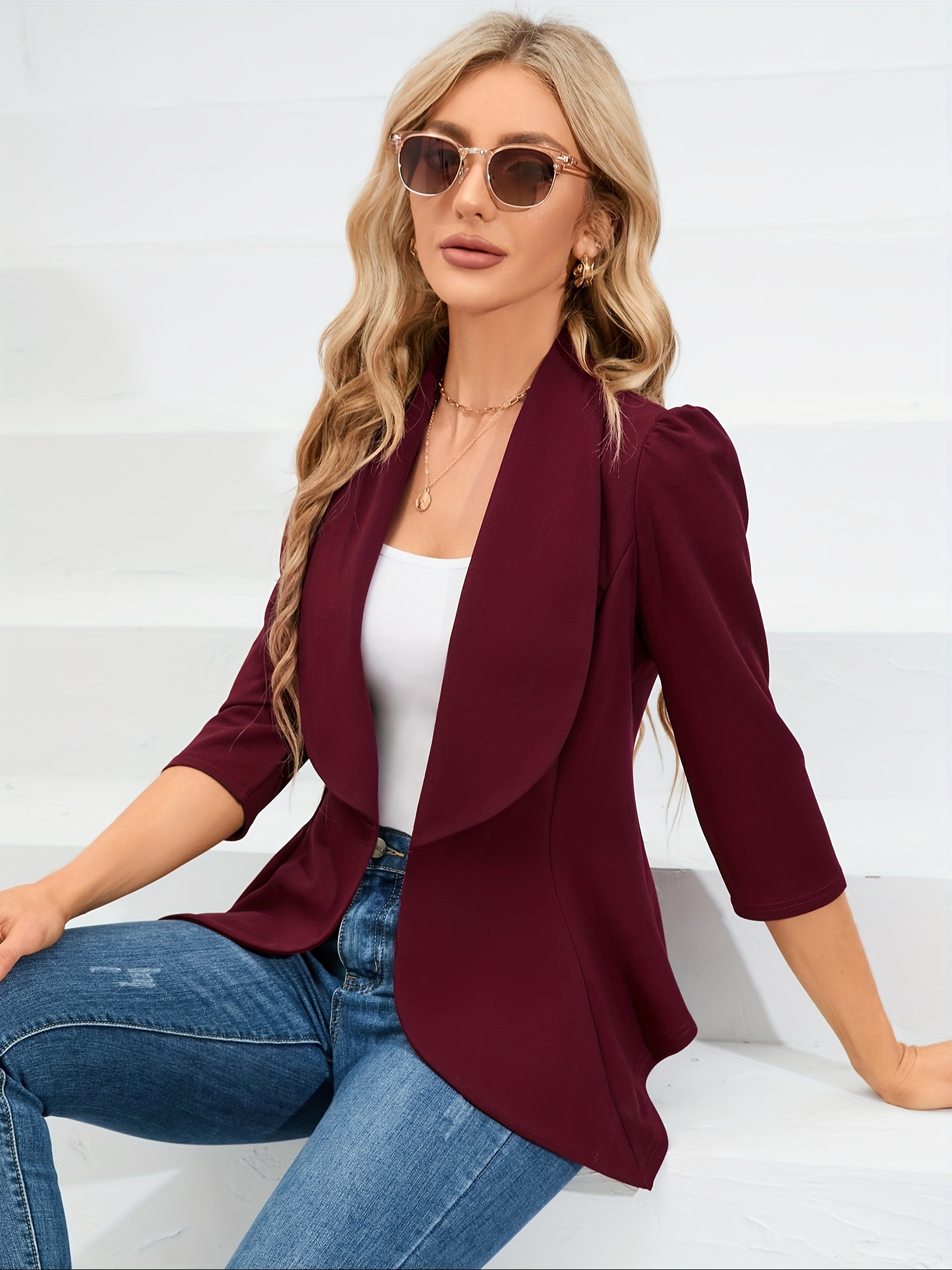 womens casual coat with large collar puffed sleeves and hem details 3