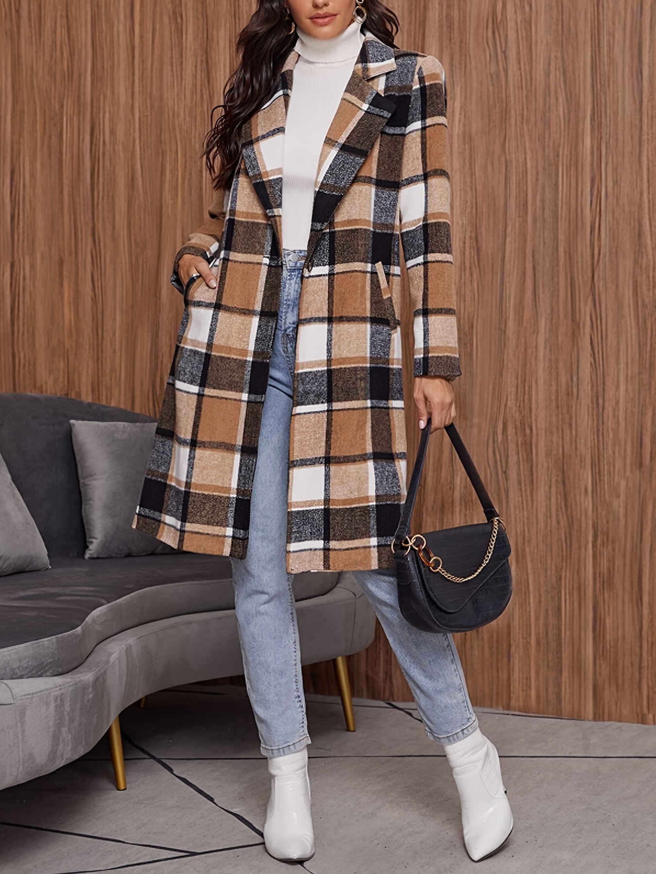 plaid pattern button front lapel coat elegant long sleeve knee length coat for fall winter womens clothing details 0