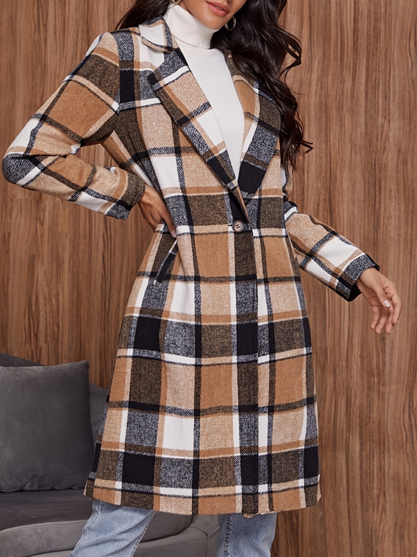 plaid pattern button front lapel coat elegant long sleeve knee length coat for fall winter womens clothing details 1