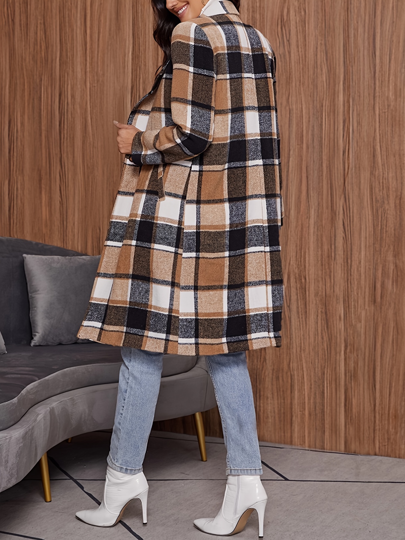 plaid pattern button front lapel coat elegant long sleeve knee length coat for fall winter womens clothing details 2