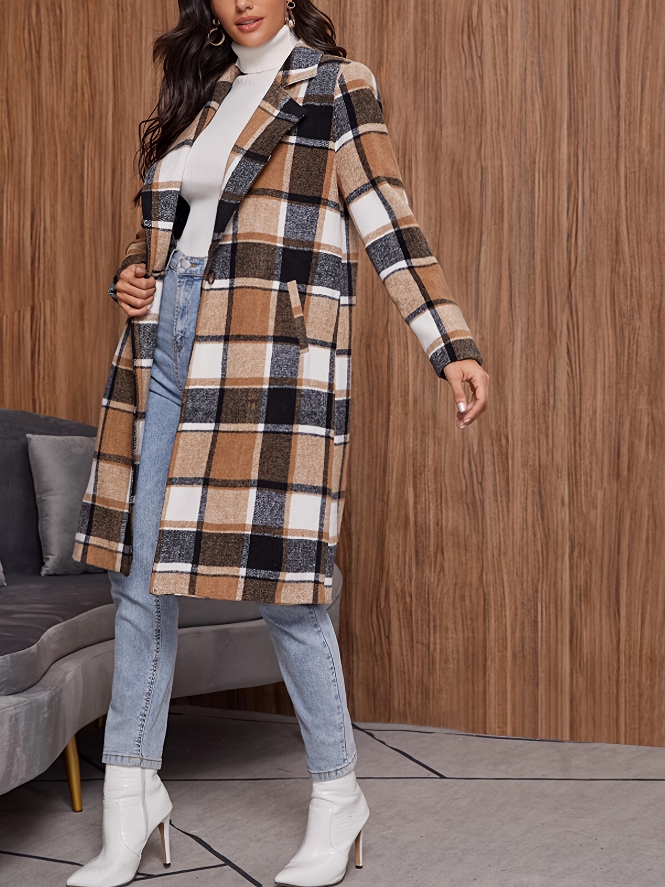 plaid pattern button front lapel coat elegant long sleeve knee length coat for fall winter womens clothing details 4