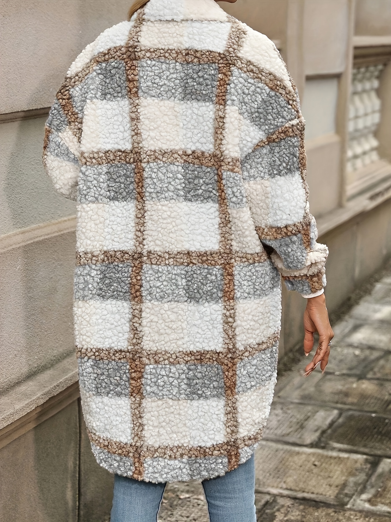 color block drop shoulder thickened coat stylish button front long sleeve coat for fall winter womens clothing details 1