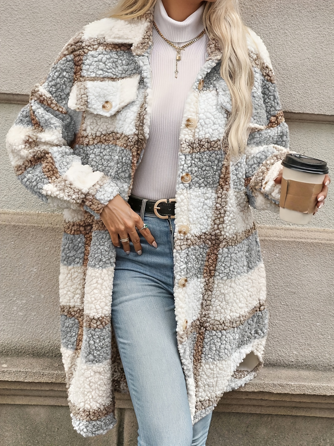 color block drop shoulder thickened coat stylish button front long sleeve coat for fall winter womens clothing details 4