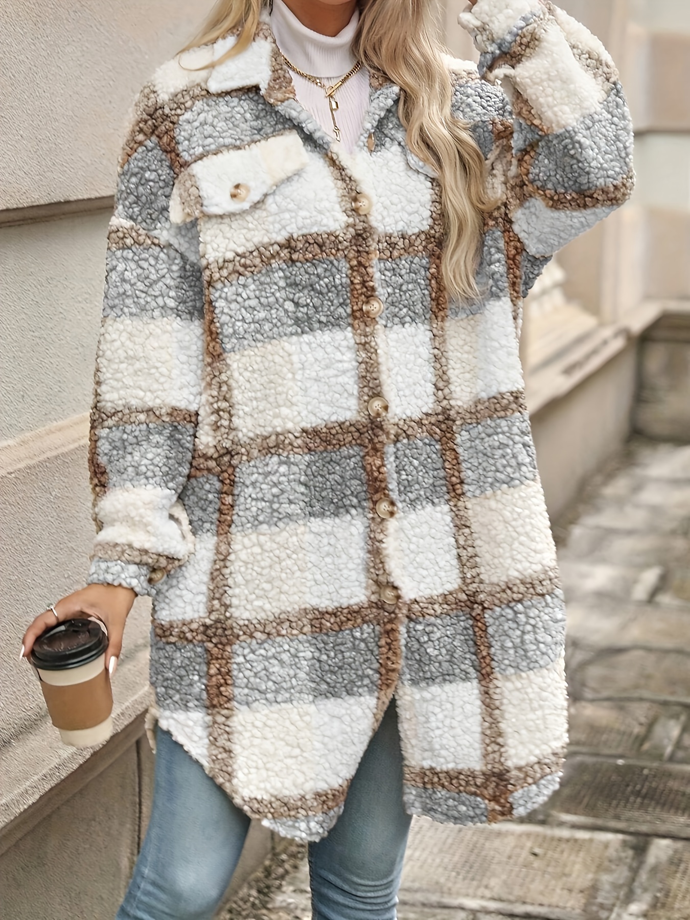 color block drop shoulder thickened coat stylish button front long sleeve coat for fall winter womens clothing details 5