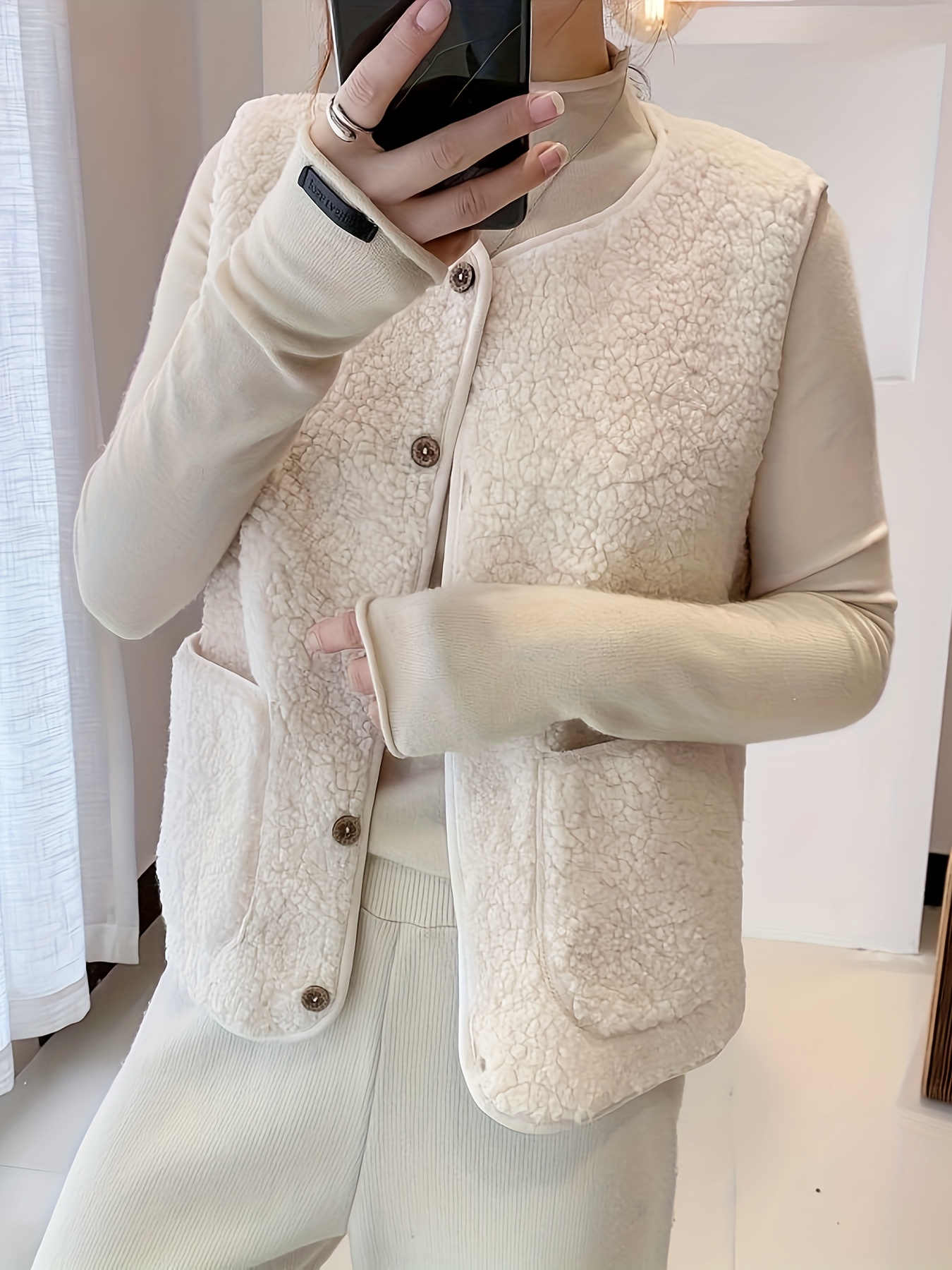 fuzzy button front vest jacket versatile sleeveless jacket for fall winter womens clothing details 3