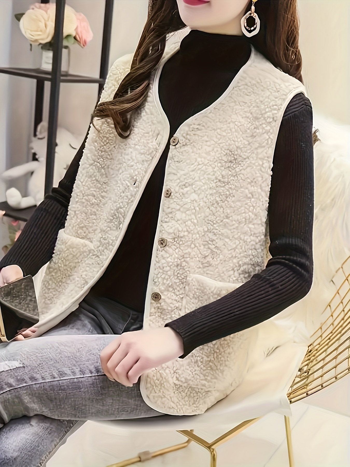 fuzzy button front vest jacket versatile sleeveless jacket for fall winter womens clothing details 5